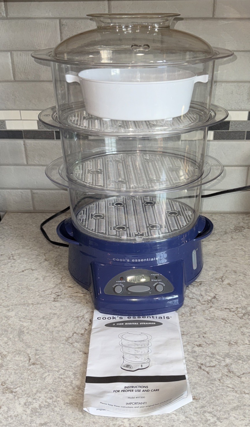 Cooks Essentials Blue 3 Tier Steamer Digital Egg Vegetable Cooker Model 97503