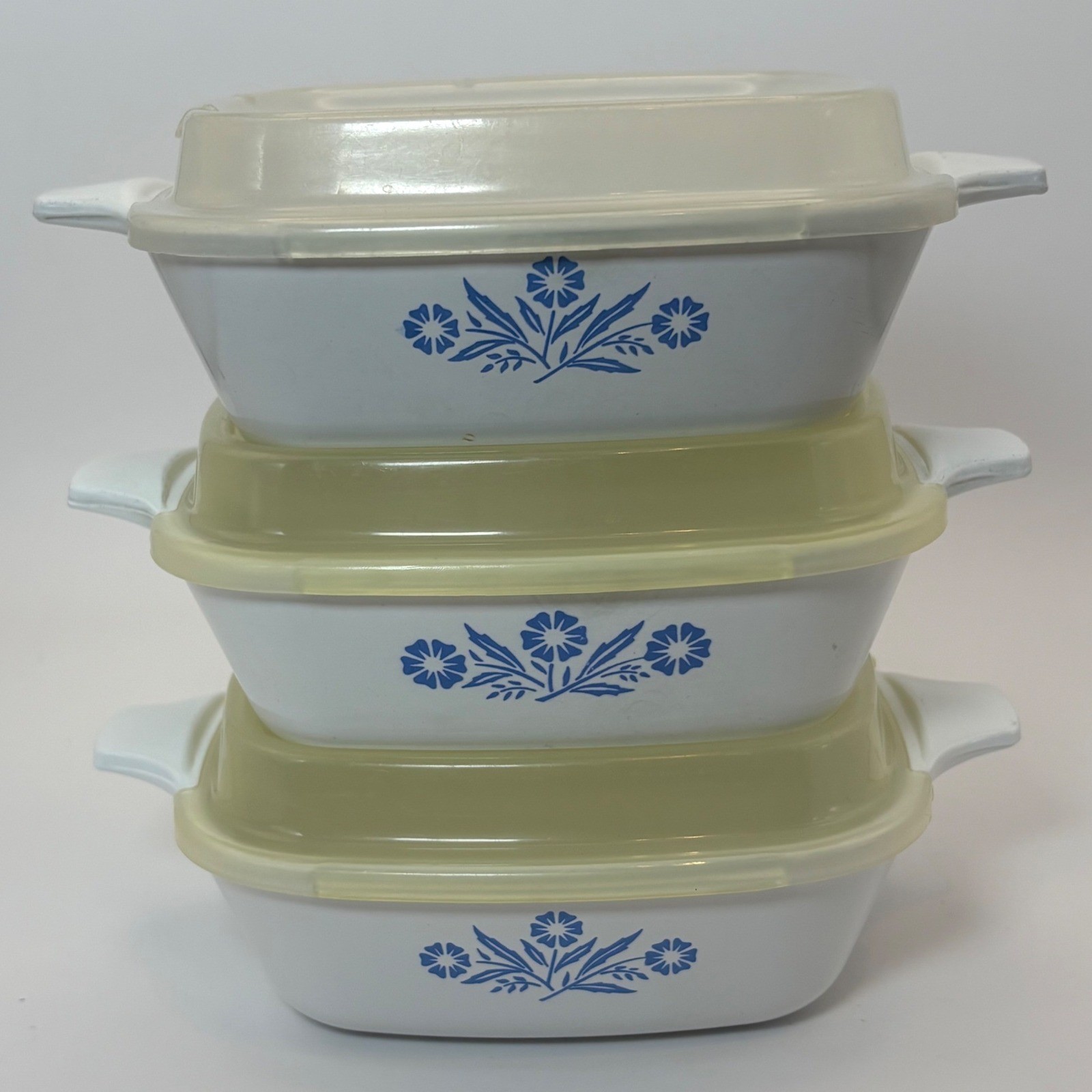 Vtg Corning Ware Blue Cornflower P-41 Petite Pan Casserole Set 3 W/ Lids 1.75 C
