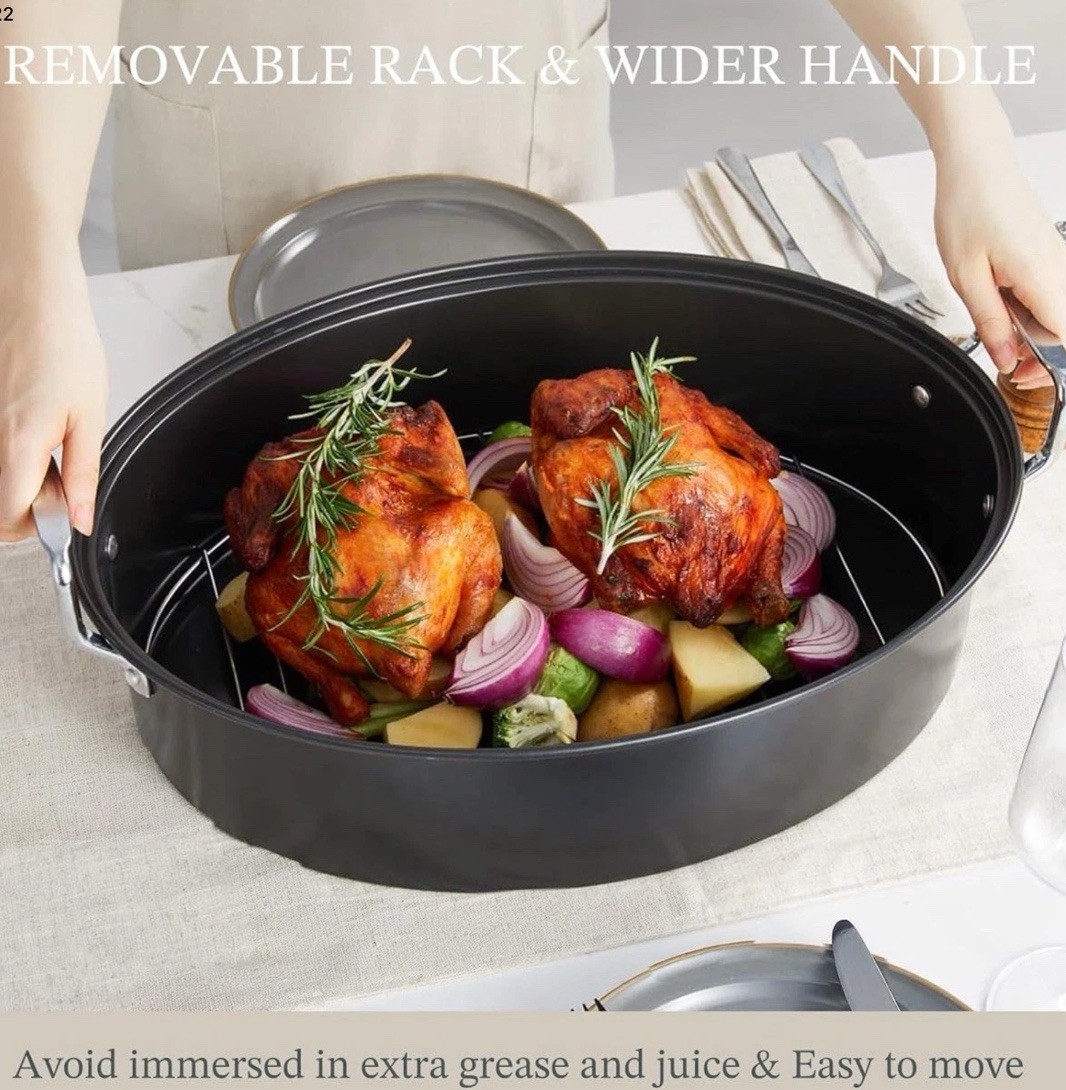 Extra Large Roasting Pan, 18×14″ Oval, 25lb Turkey Roaster w/Lid & Rack Non-Stik