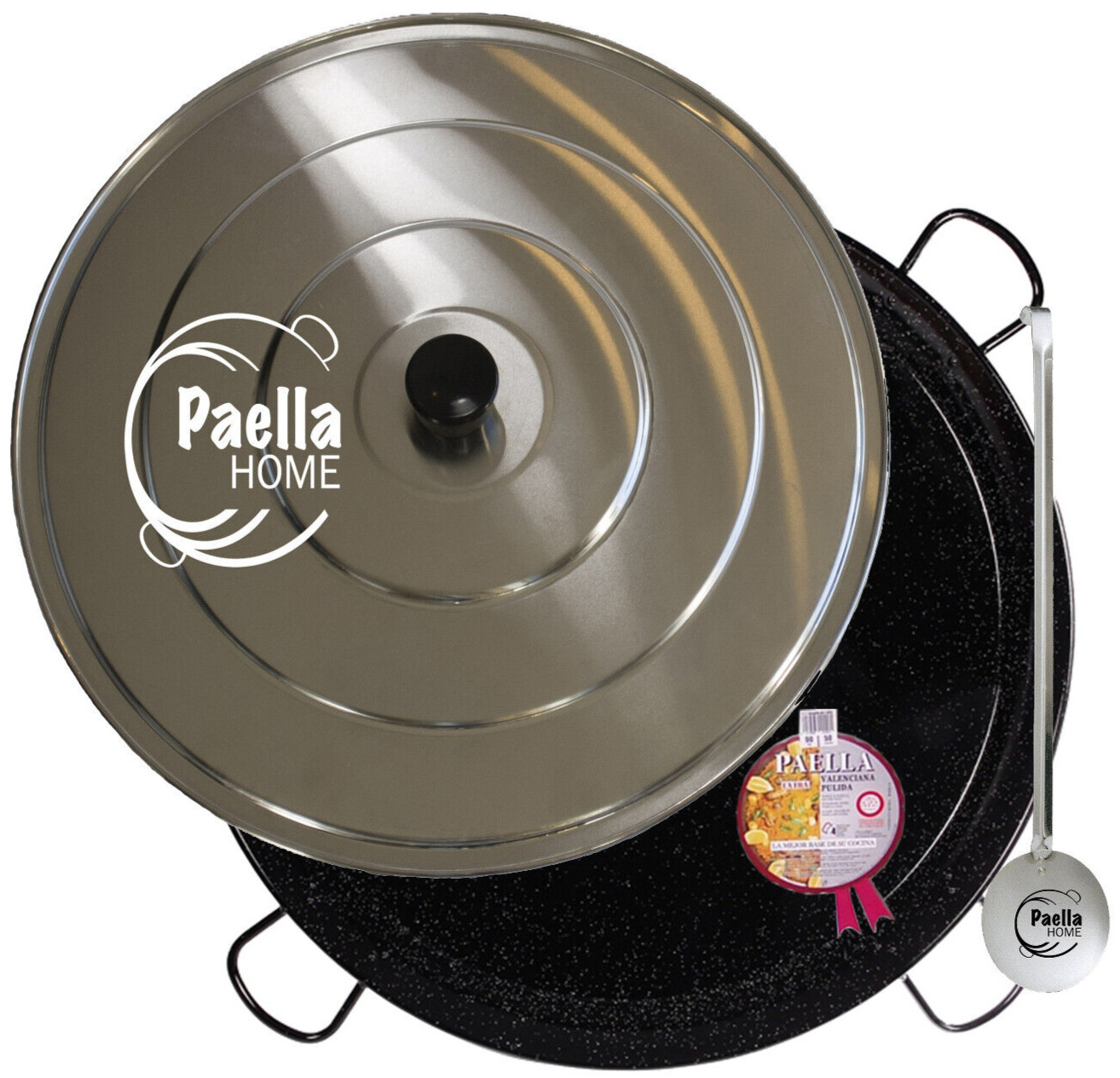 30cm – 80cm Enamelled Paella Pan + Aluminium Lid +Spoon (according to variation)