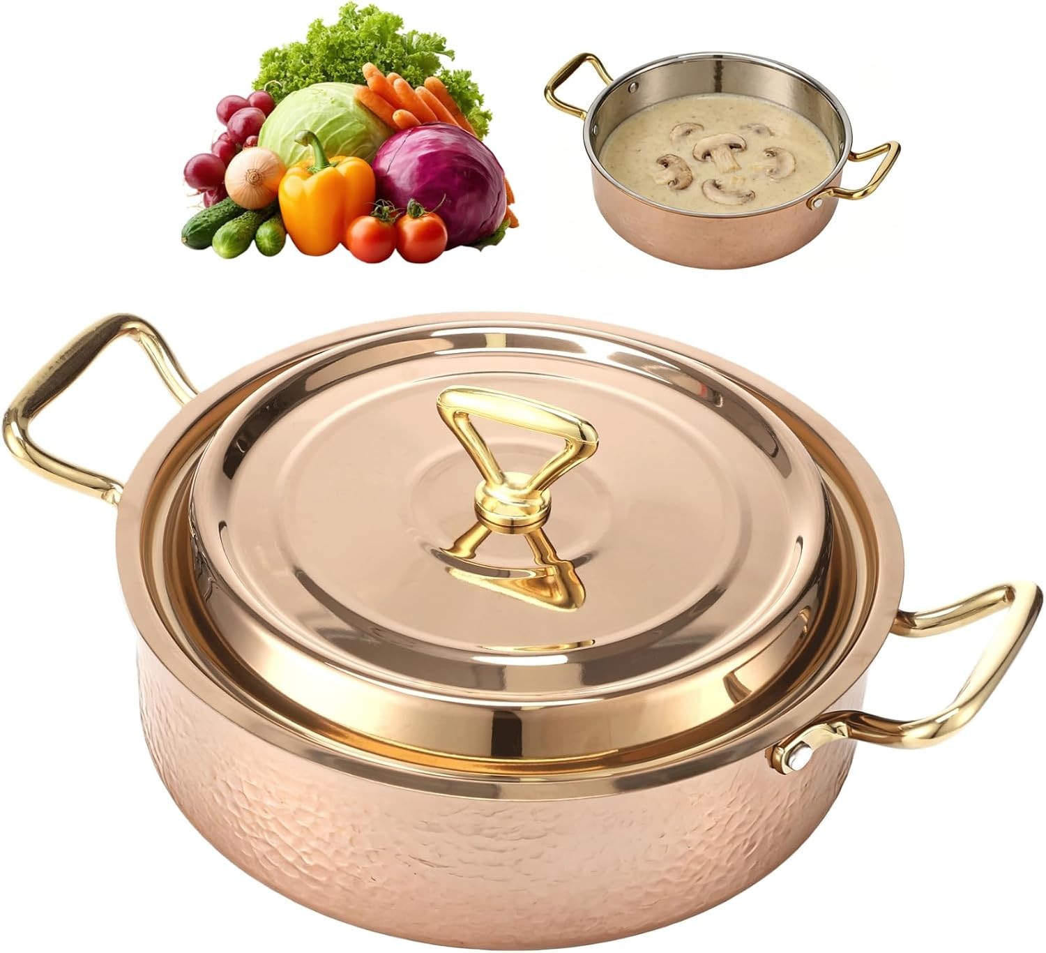 Hammered Copper Cookware W/ Lid 10.2 in/4.2QT Rose Gold Stainless Steel Pot US