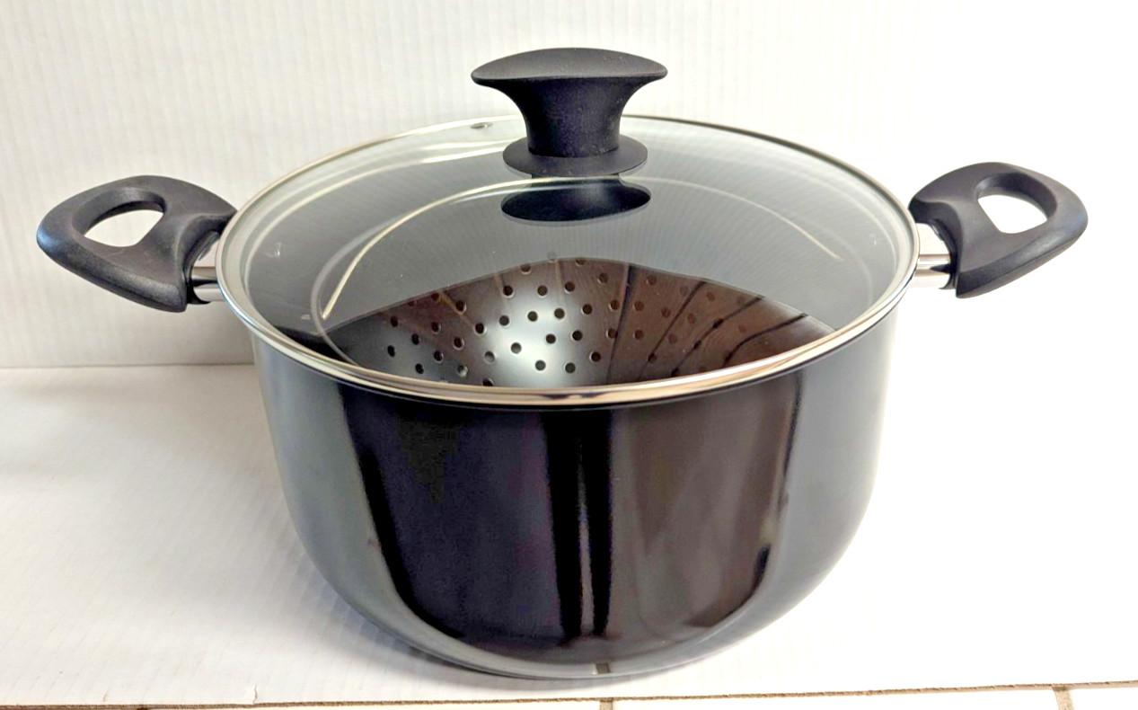 Non-Stick Easy Strain Pot Tilt Cookware 3-pc Black Clear Steam Release Lid NEW