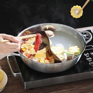 Stainless Steel Split Hot Pot with Lid 12.6 Inch Dual Section Induction Cooker