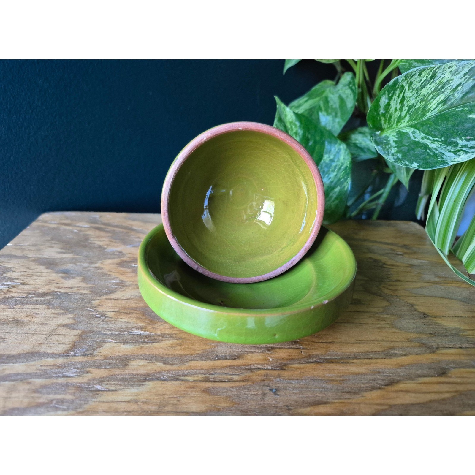 Vintage Studio Pottery Bird Butter Dish Avocado Green Crackle MCM Tagine