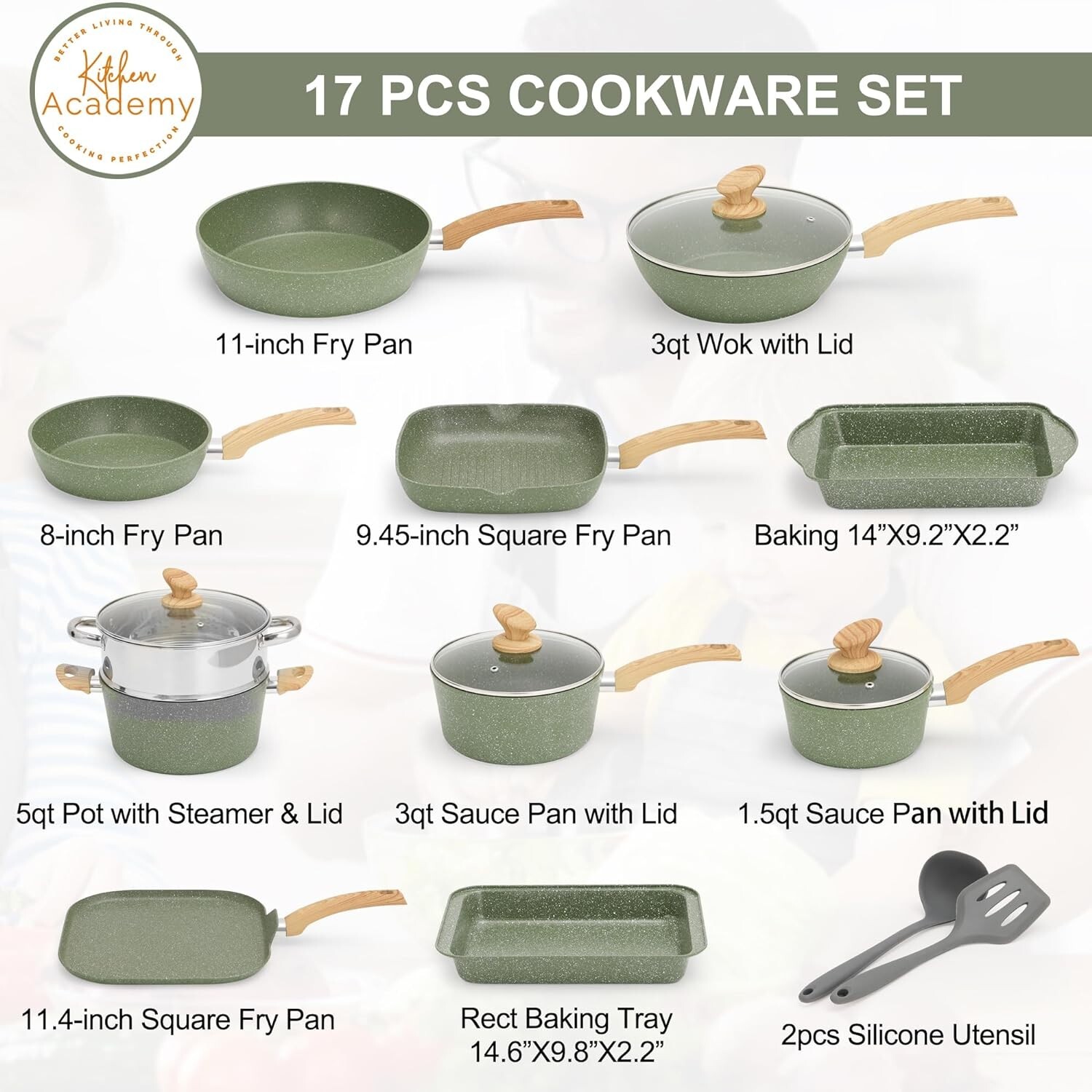 17 Piece Cookware Set Nonstick Granite Coated Pots and Pans Set Bakeware Green
