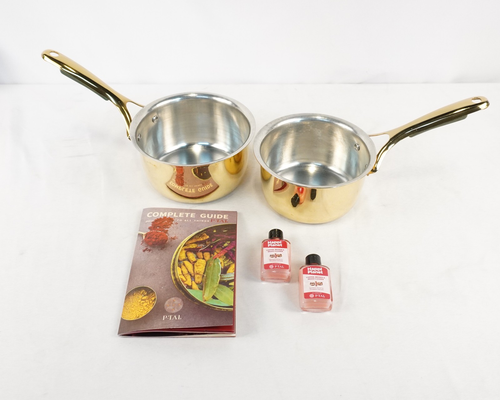 P-TAL Brass Saucepans Handcrafted Cookware 1.5L & 1L With Insulated Handles