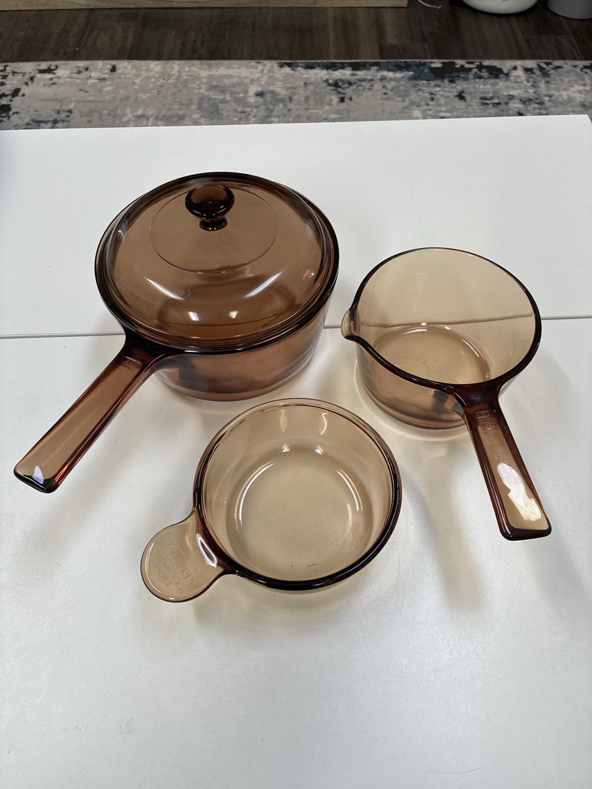 Corning Visions Amber 3pc Set 1.5Qt Saucepan Lid Pour Spout Glass Cookware