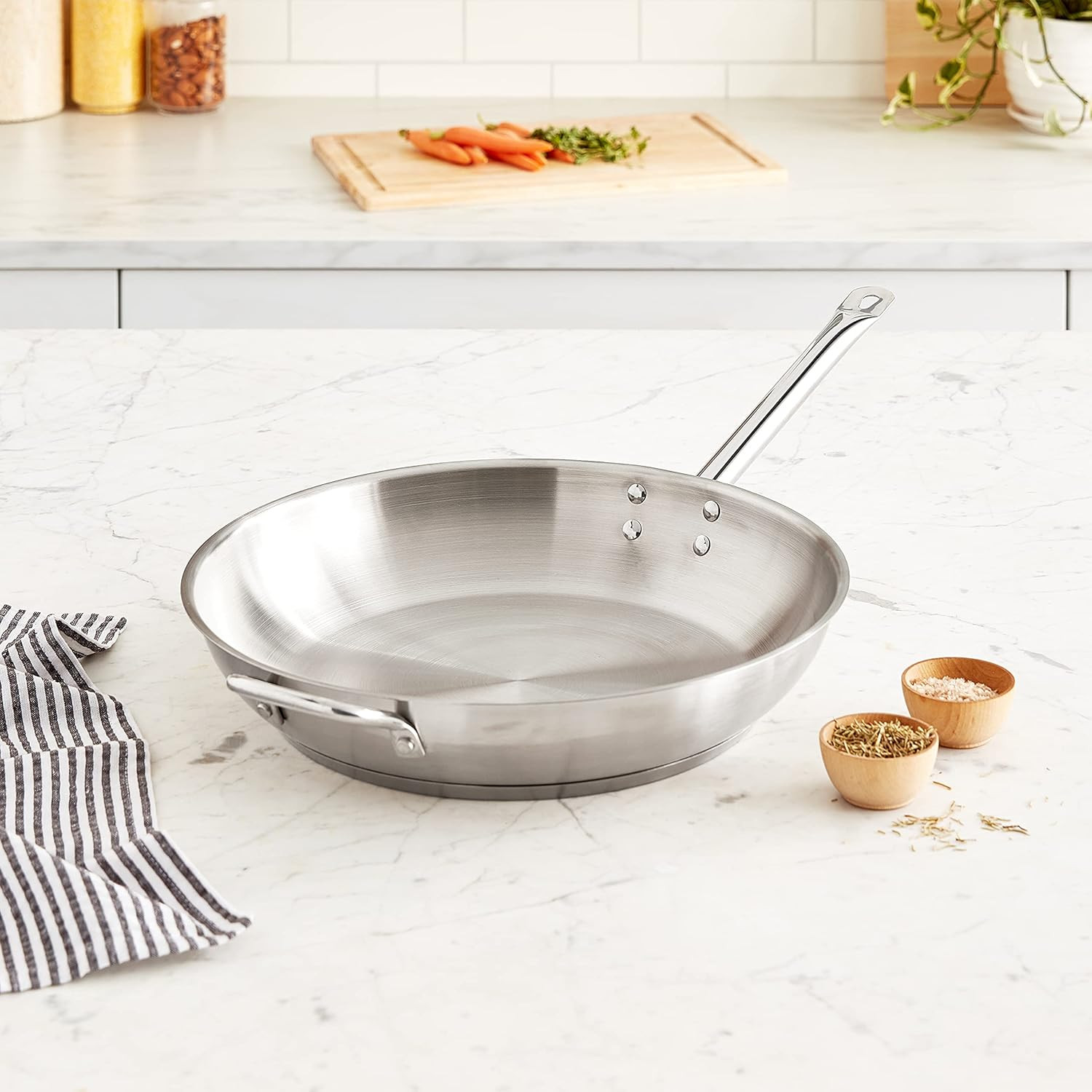 Winco Commercial-Grade Stainless Steel Fry Pan with Helper Handle, Natural Finis
