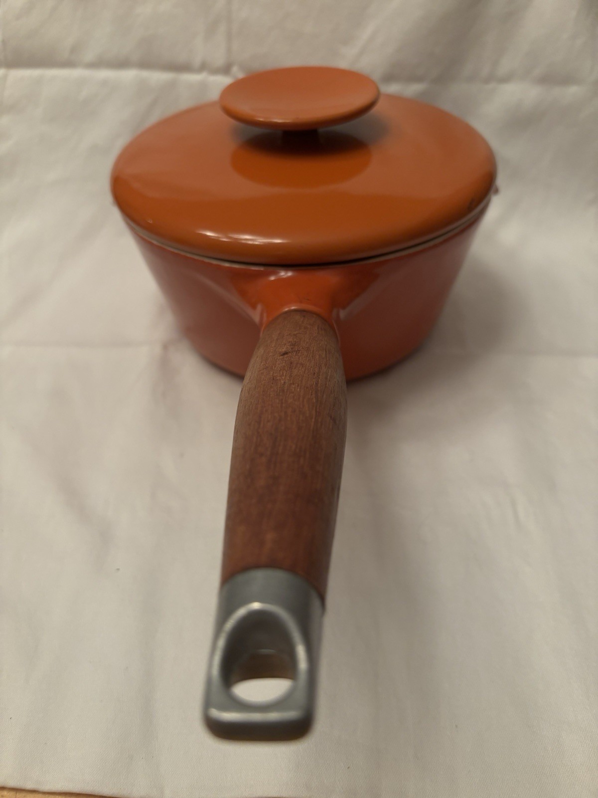 Copco Michael Lax Orange Enamel 1 Qt Saucepan w/ Lid Wood Handle Pour Spout