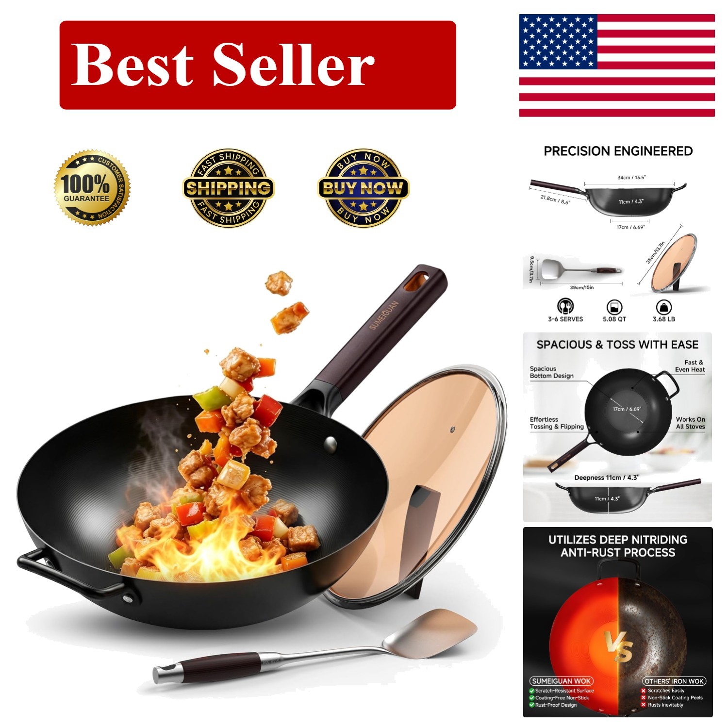 13.5in Carbon Steel Wok Pan Pre-Seasoned Flat Bottom Stir Fry BBQ