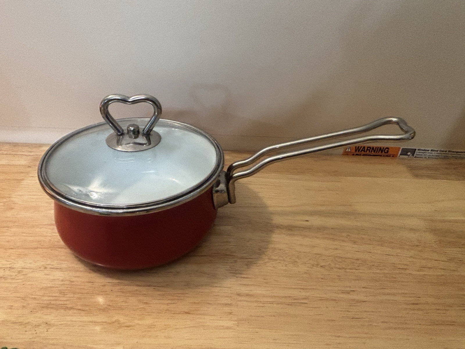 Vintage Enamel Red Saucepan With Glass Lid & Metal Handles