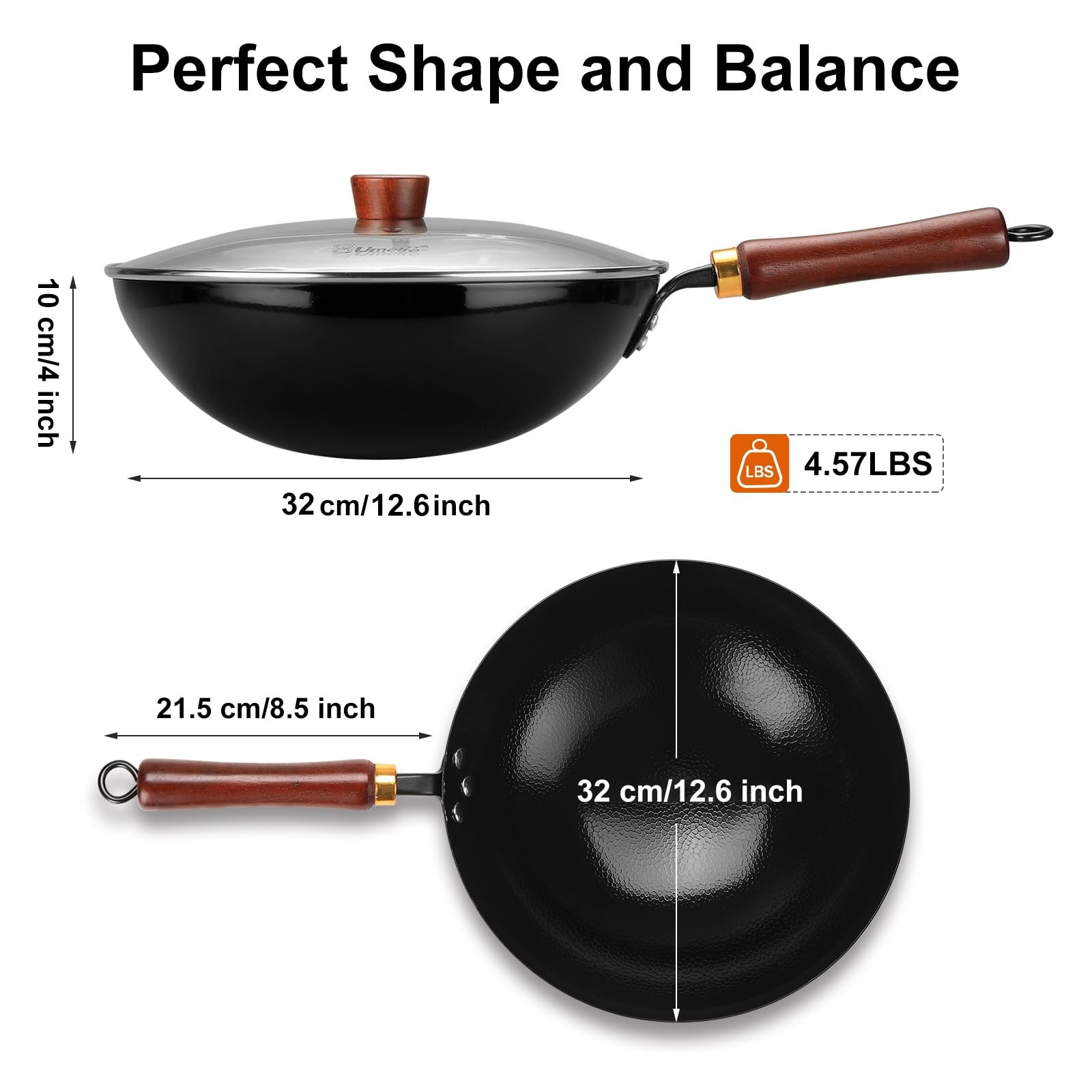 UMETRE Carbon Steel Wok Pan, 12.6-Inch Nonstick Pre-Seasoned Woks and Stir-Fr…