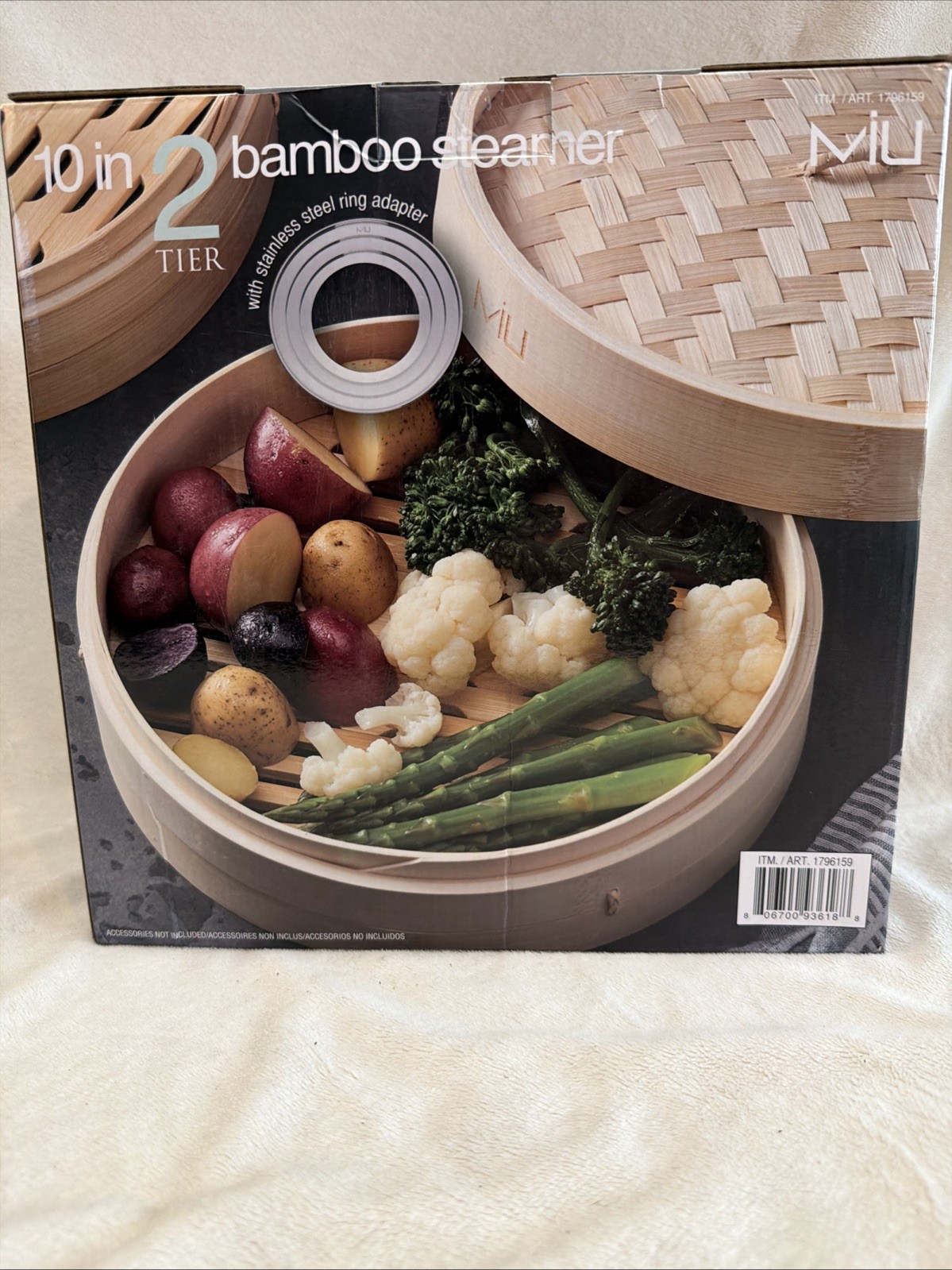 10 Inch Bamboo Steamer Two-Tier With Stainless Steel Steel Ring Adapter