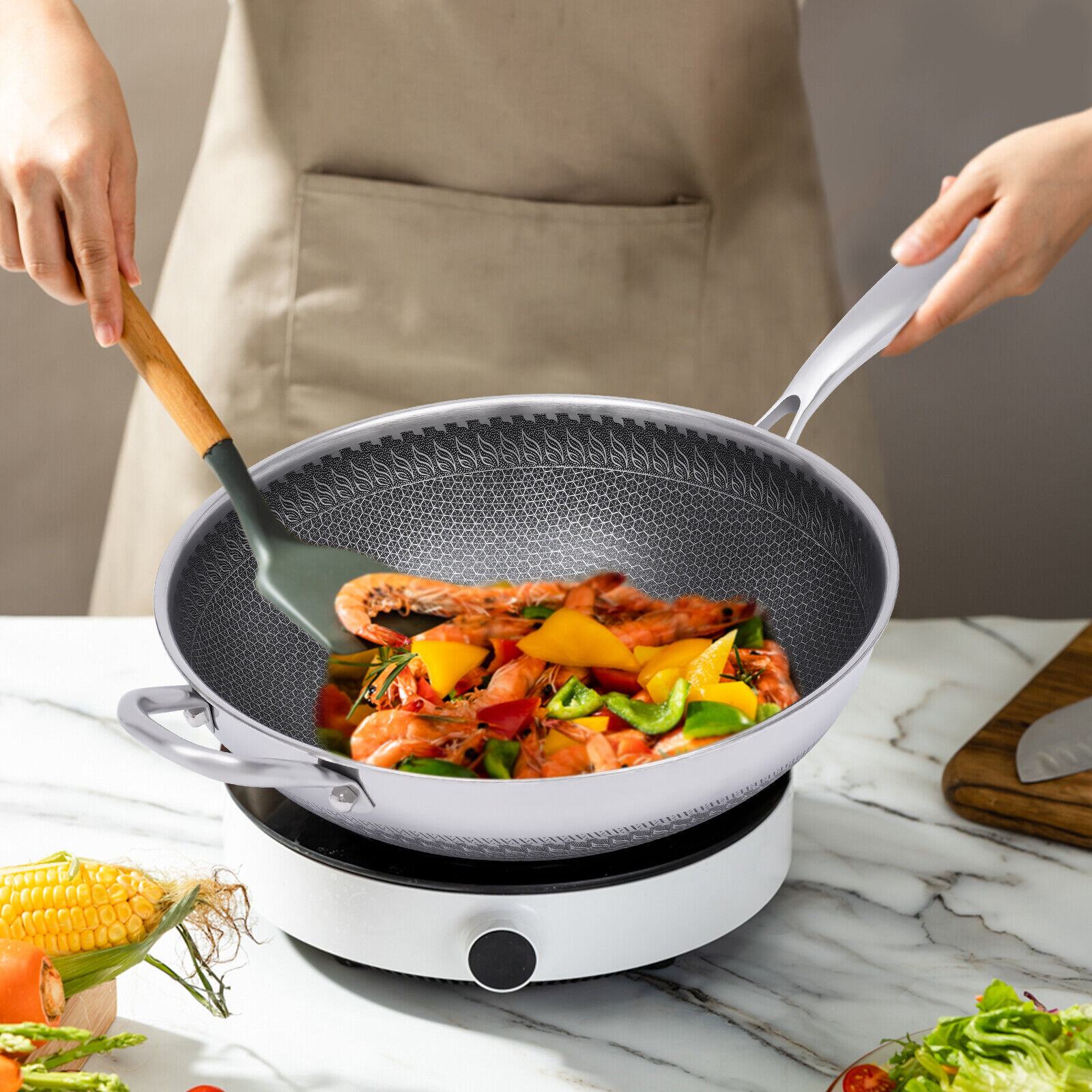 Non Stick Double Sided Honeycomb Cooking Frying Wok Pan with Lid Stainless Steel