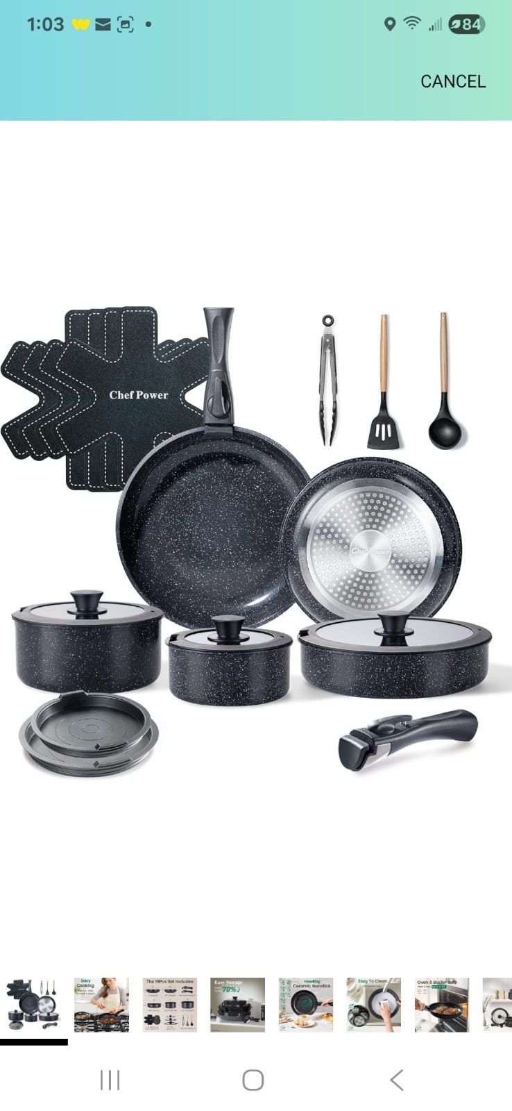 Chef Power Ceramic Nonstick Cookware Set 19 Piece with Detachable Handle,…