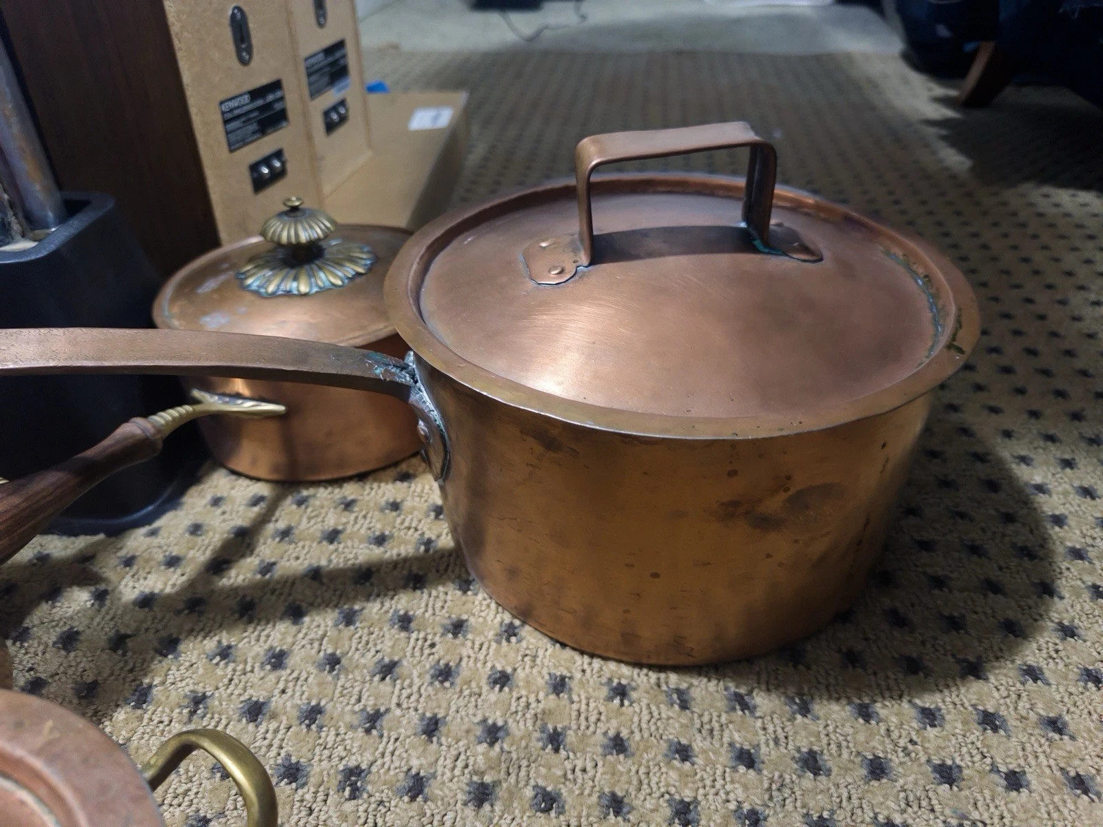5 Pc Vintage Italian Copper Cookware Set Tin Lined Brass Handles-BEAUTIFUL