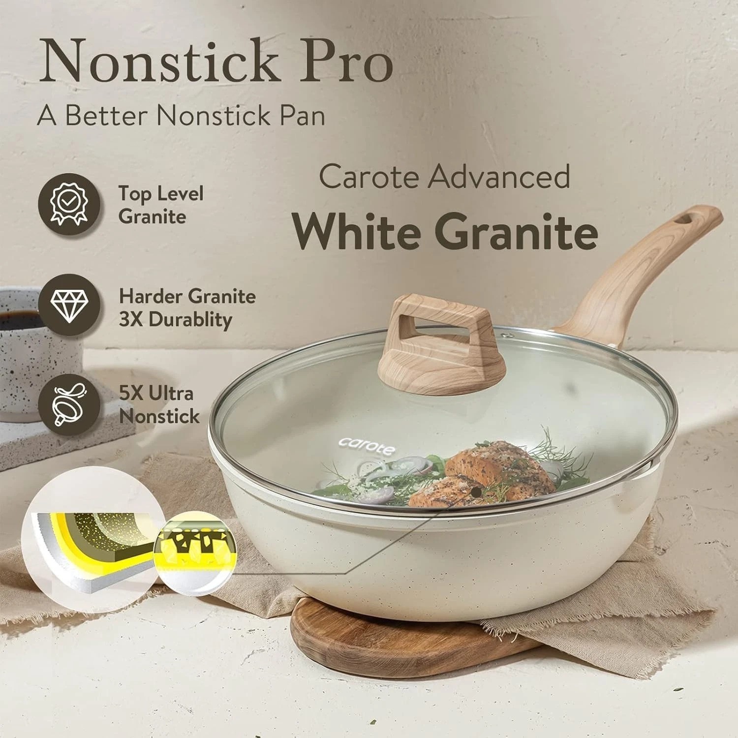 Ergonomic 12-Inch Nonstick Saute Pan with Lid – White Granite Cooking Essential