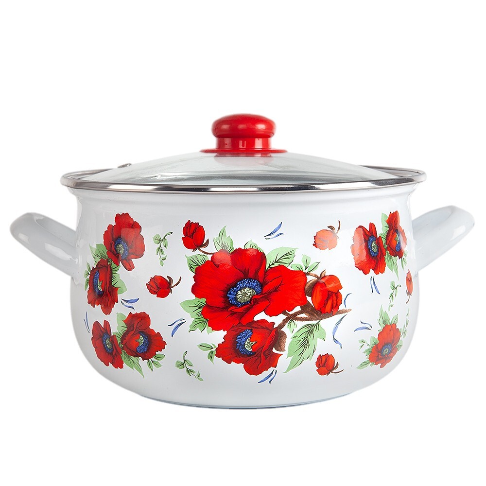 POPPY FLOWERS Enamelware Stockpot with Glass Lid, Enameled Cooking Pot 4 qt