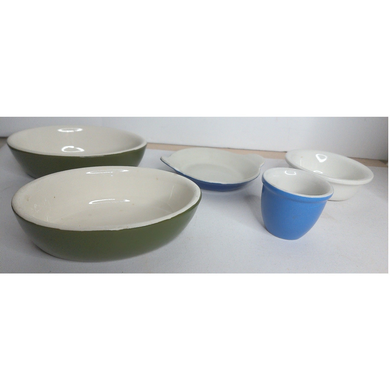 Vintage Mixed Set Hall Pottery Bakeware Green White Oval Dish Custard Cups Set 5