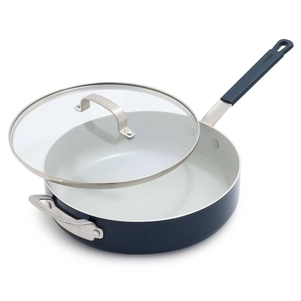 Bobby Flay 4.5qt Ceramic Nonstick Aluminum Saute Pan with Lid Oxford Blue: