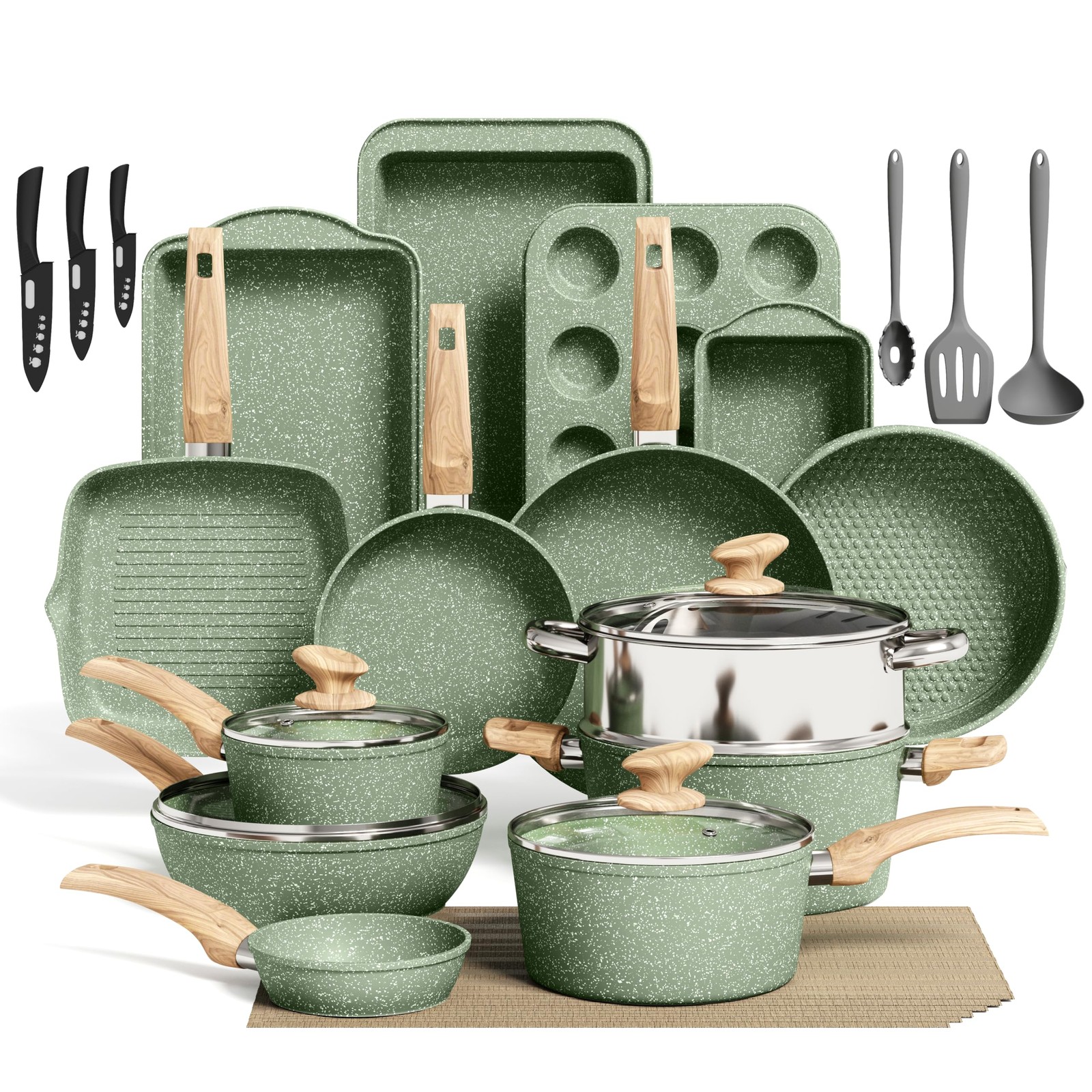 Kitchen Academy 30pcs Pots and Pans, Nonstick Cookware and Bakeware Sets