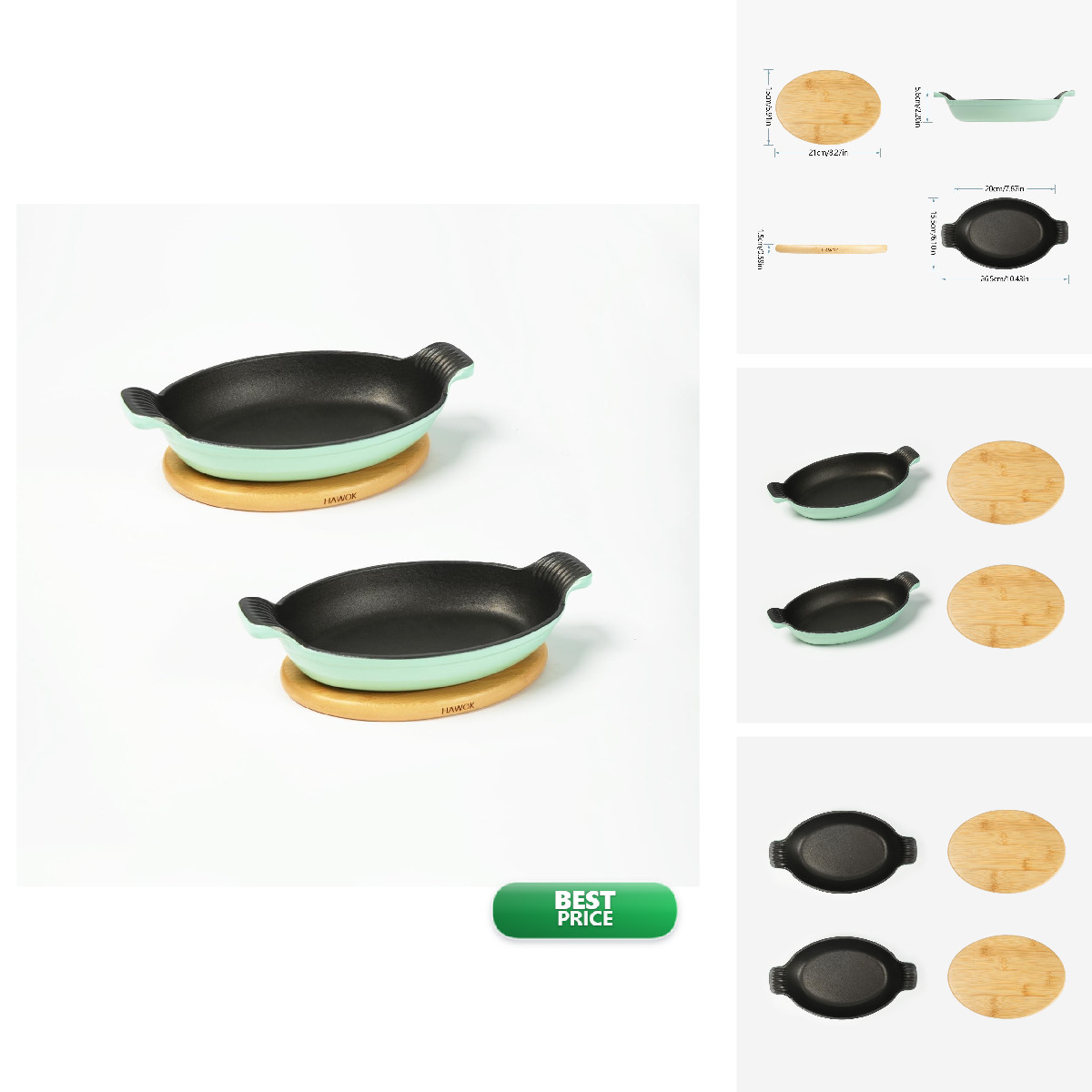 Hawok Enameled Cast Iron Serving Dish Magnetic Bamboo Trivet Oval Server