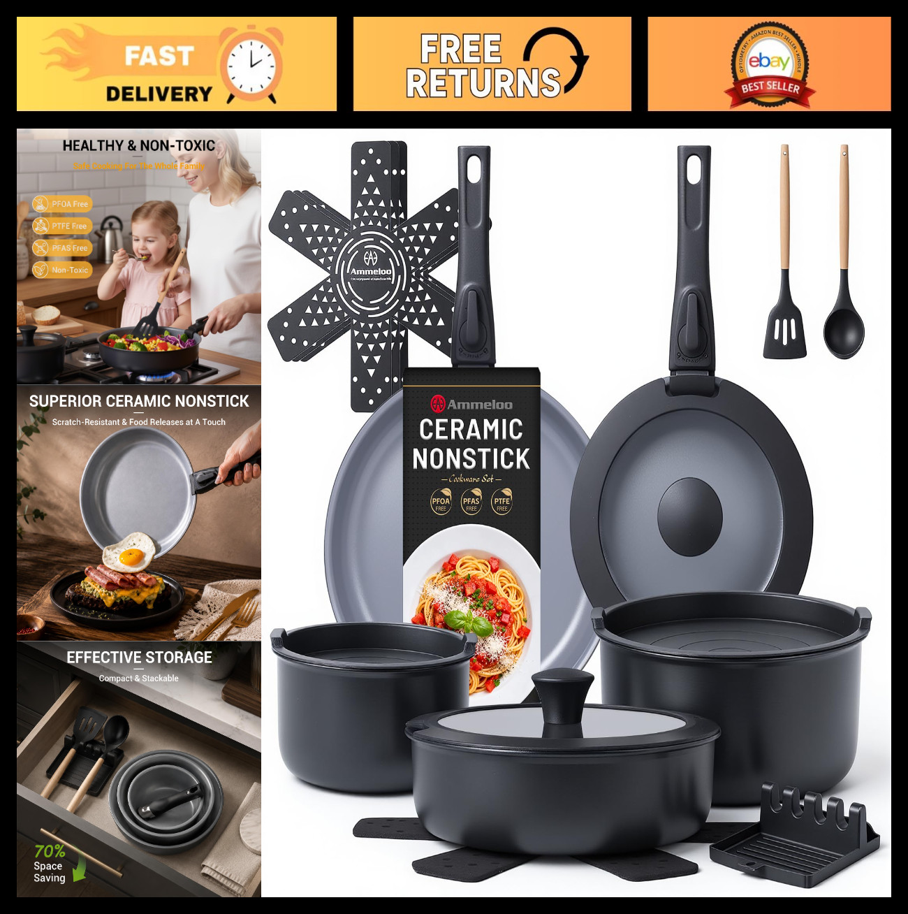 18-Piece Non-Stick Ceramic Cookware Set, Induction Ready, Dishwasher Safe, PFAS