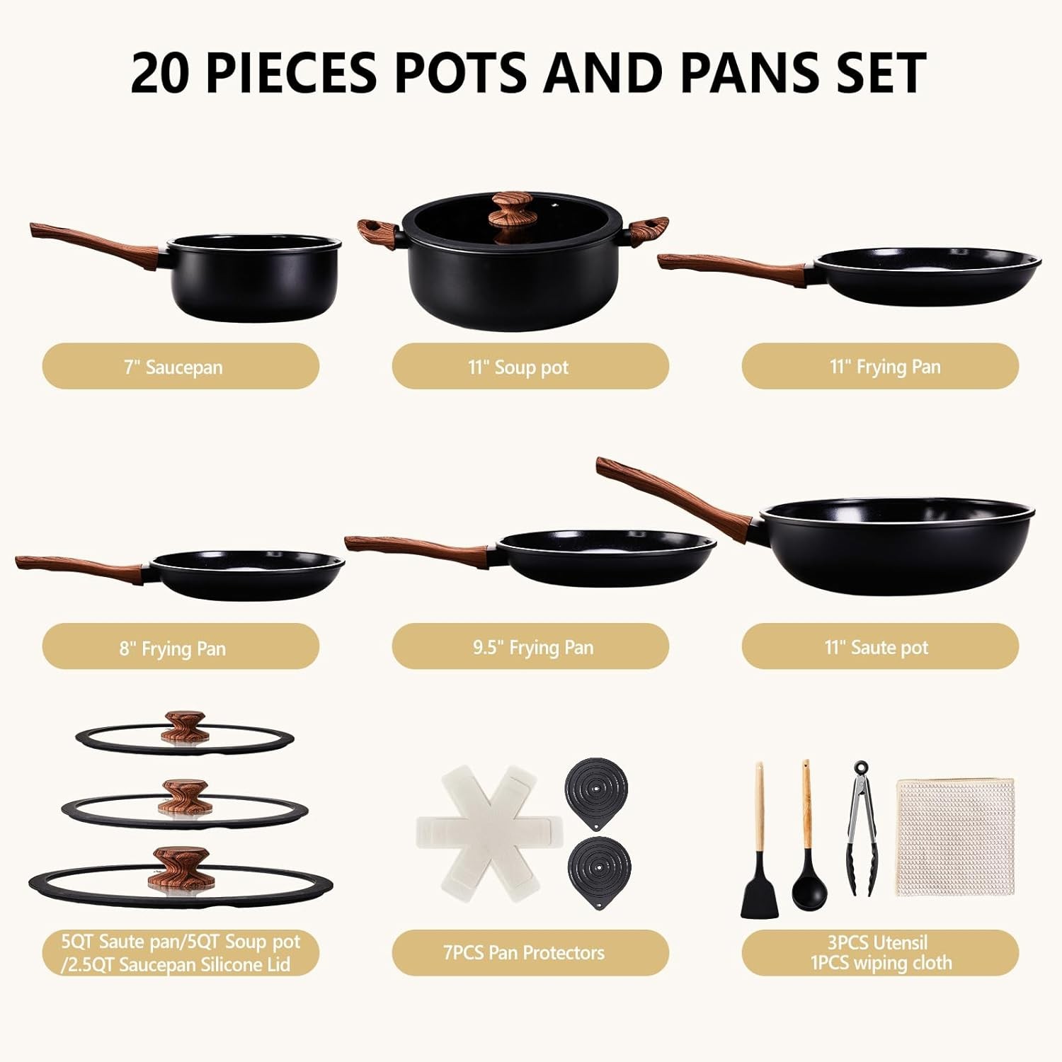20-Piece Kitchen Cookware Set, Nonstick RV & Apartment Cooking Set Frying Pans