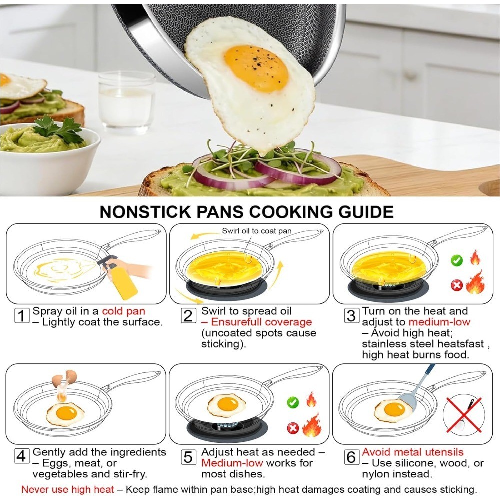 Frying Pans, 8-inch Hybrid Frying Pans Stainless Steel Skillets, Dishwasher &