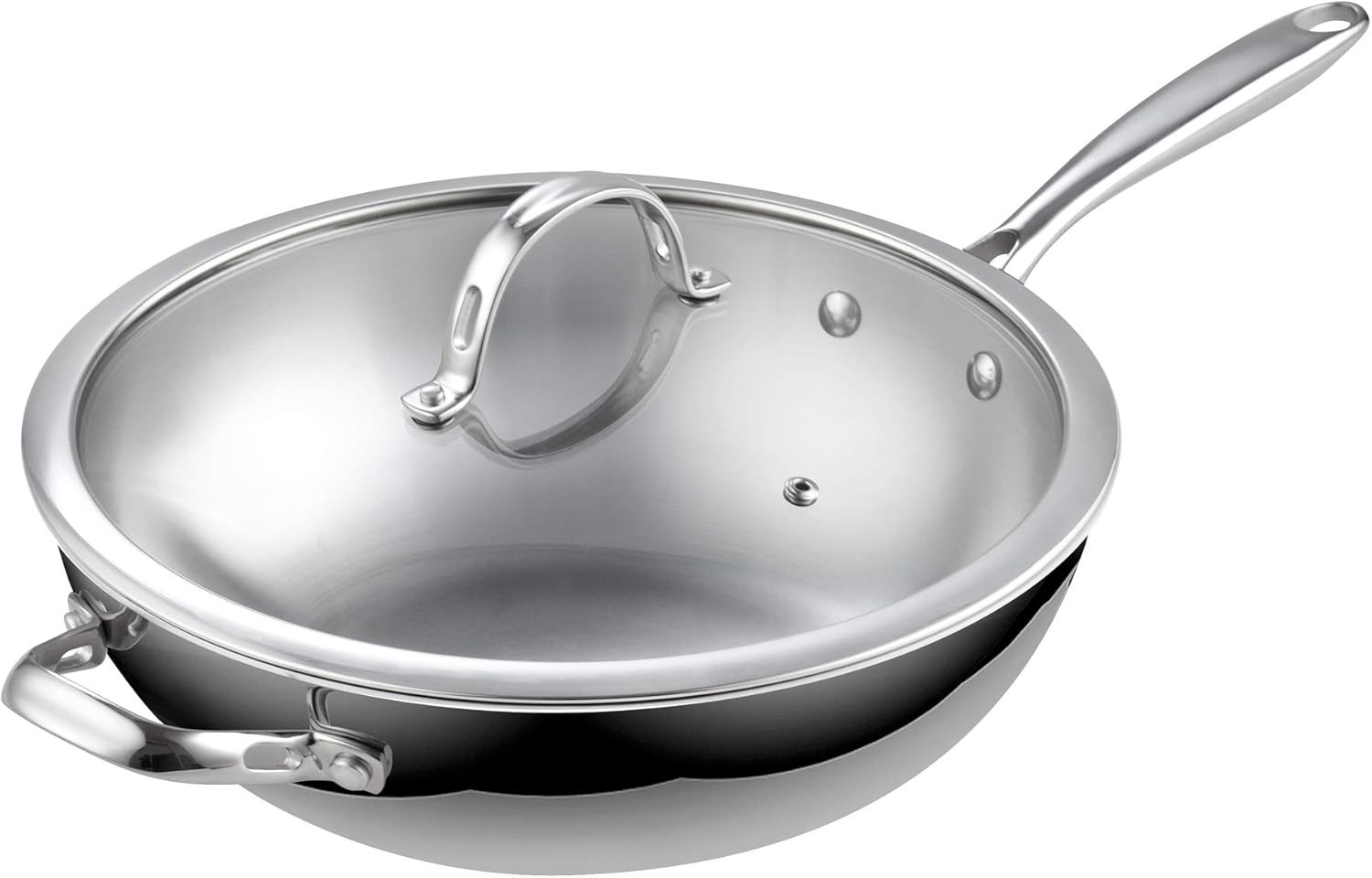 12″ Stainless Steel Wok Pan Multi-Ply Clad Stir Fry w/ Glass Lid