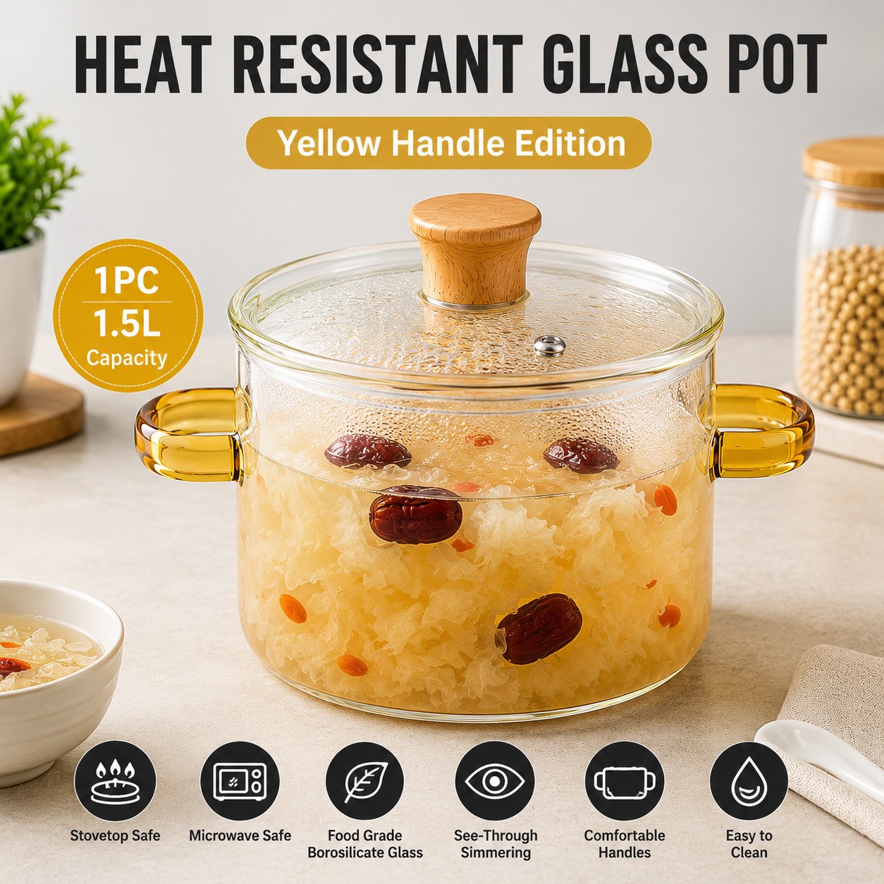 1.5 Liter Glass Cooking Pot, with Lid, Made of Heat-resistant Borosilicate Glass