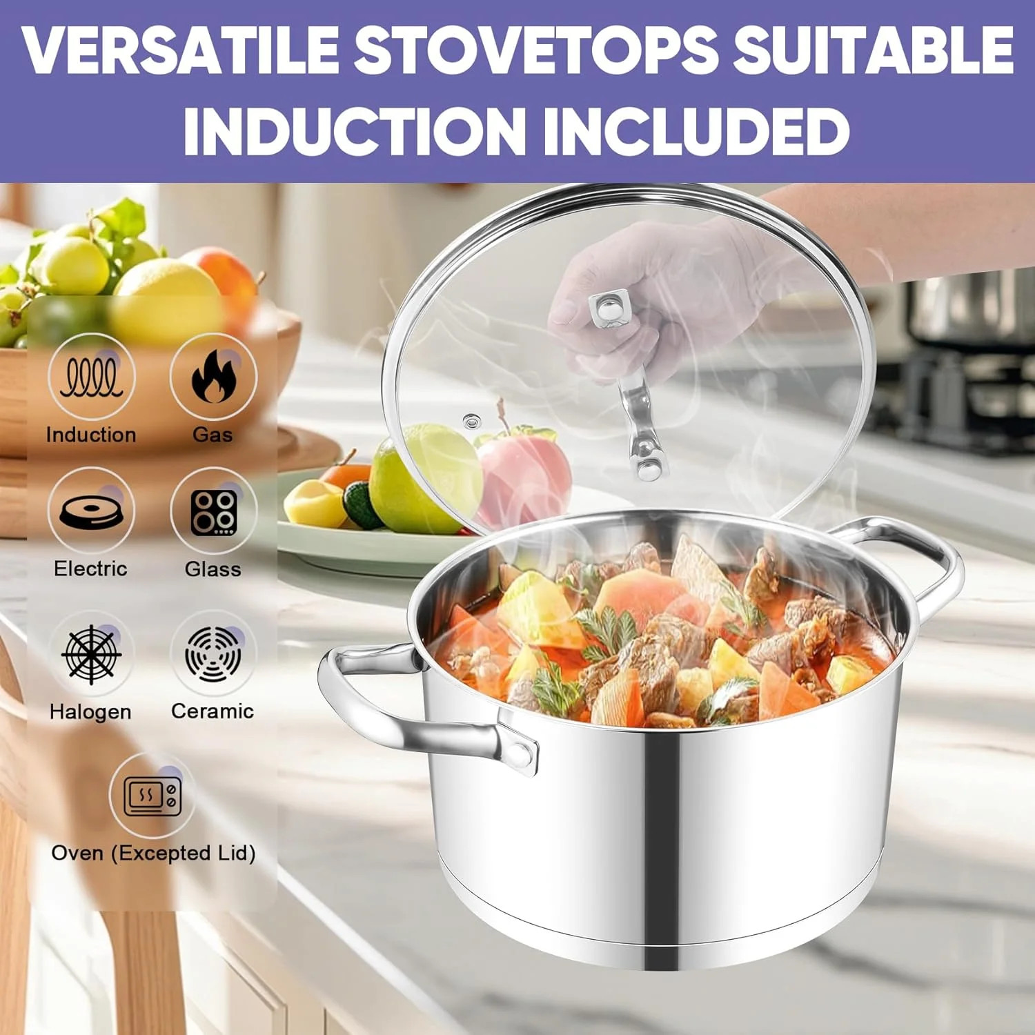 6QT Stainless Steel Stock Pot with Glass Lid Tri Ply Base Heavy Duty Dishwasher