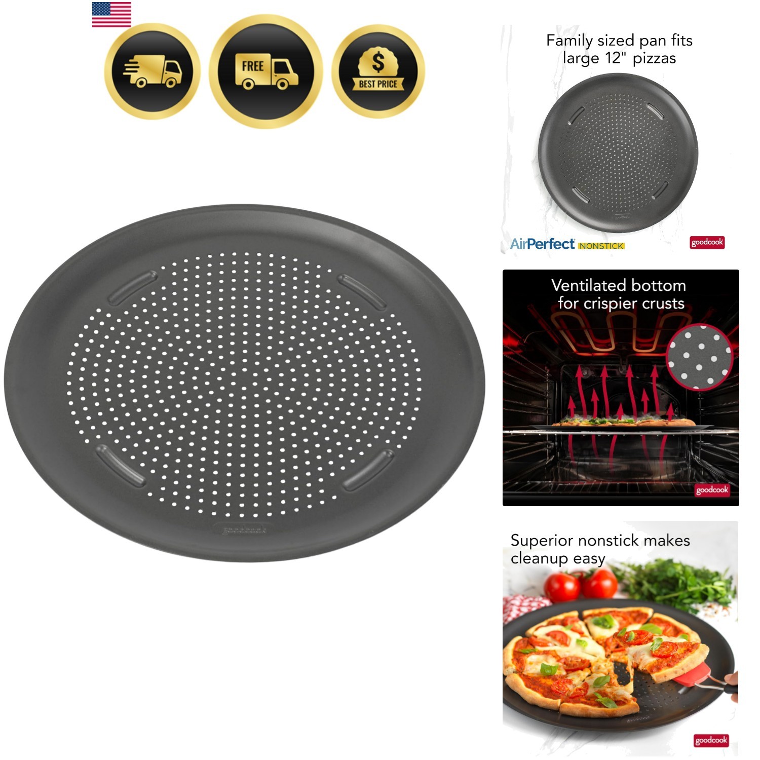 AirPerfect Insulated Nonstick Carbon Steel Pizza Pan with Cutting Guides, Per…