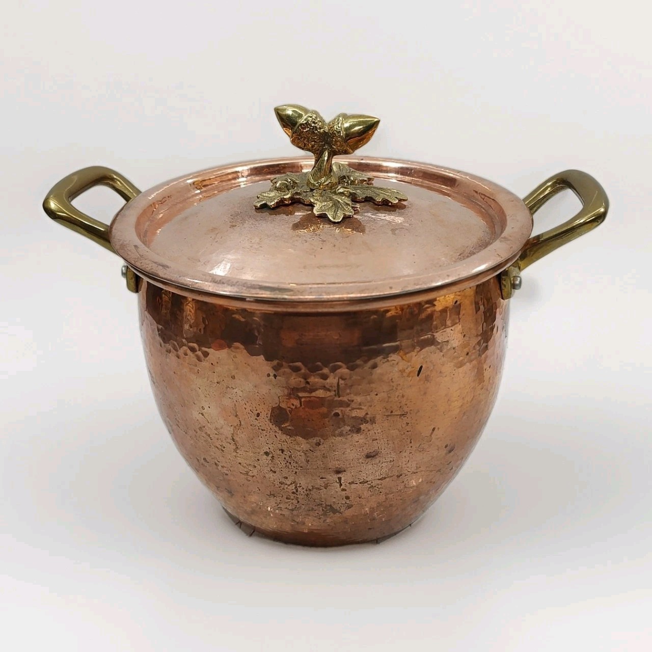 Ruffoni Hammered Copper Stockpot 4.75 Qt Italy Brass Acorn Handle With Lid EUC