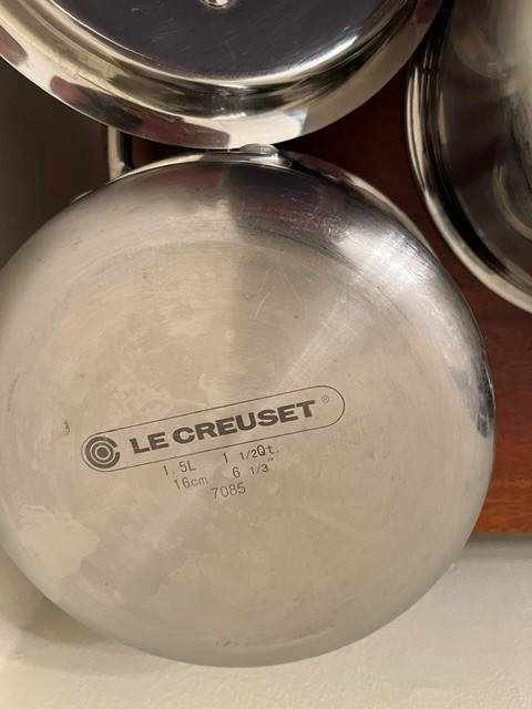 Le Creuset Stainless Steel Cookware 2 Handled Pots & 1 Lid 2 & 1.5 Qts. 3 Pieces