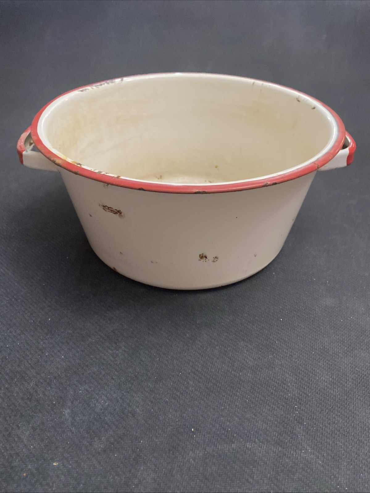 Vintage Stock Pot, red and white enamel. 4 inches tall, 8.5 inches across