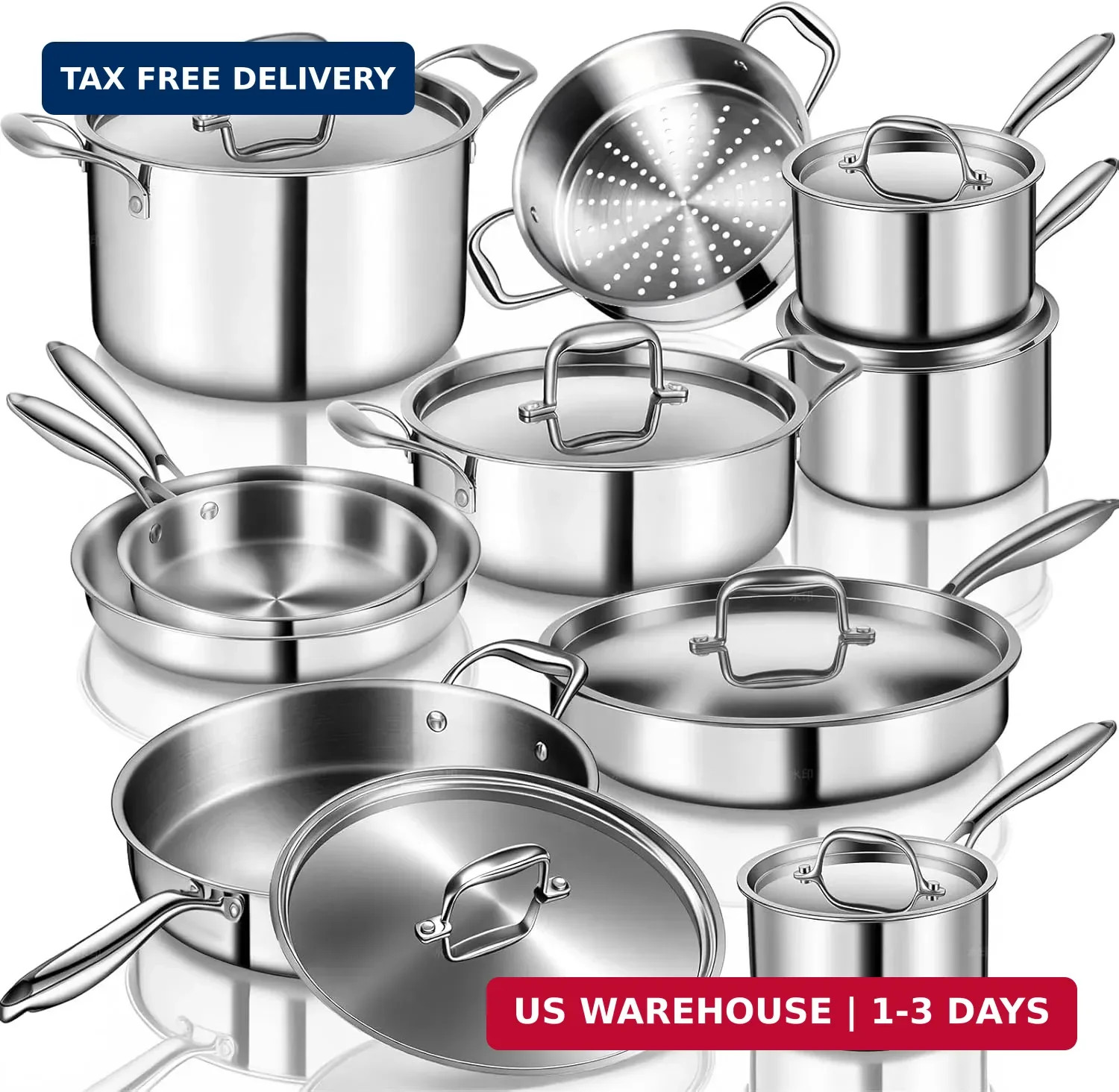 Stainless Steel Cookware Set, 3 Ply 17 Piece Stainless Steel Pot and Pan Set-Ind