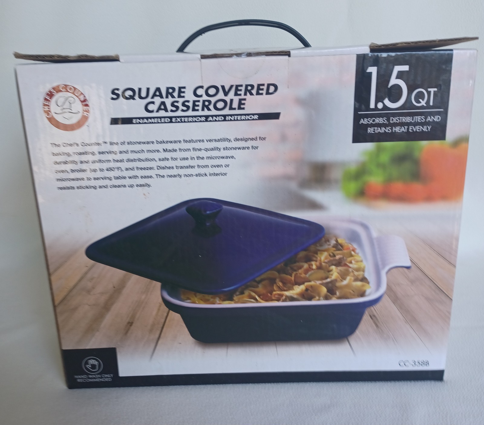 Chef’s Counter Square Covered Casserole 1.5 Qt Blue Enameled Exterior 11″x9″x3″