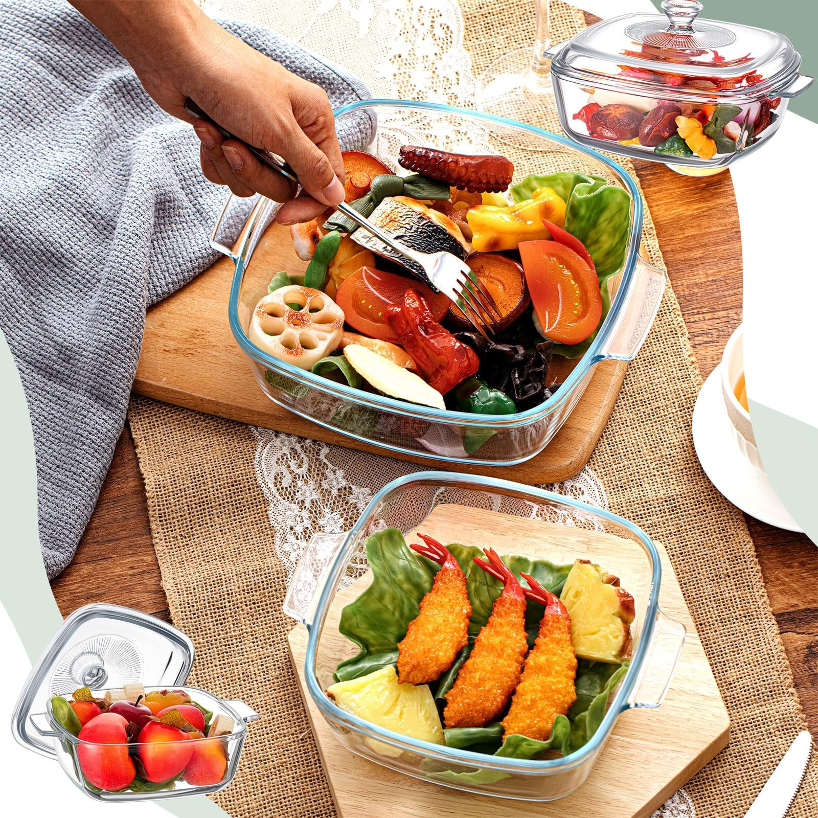 Maxcheck 2 Pieces Glass Casserole Dish Lid 0.8L/ 1.5L Baking Casserole Dish