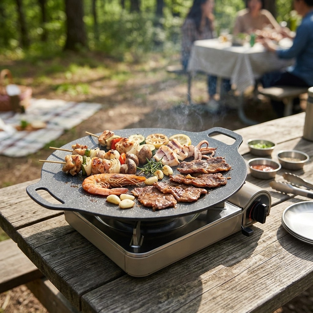 11 Inch Round Cast Iron Korean BBQ Griddle Pan Non-Stick with Handles