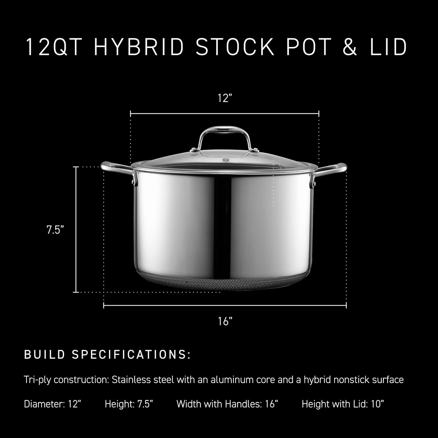 12 Quart Hybrid Nonstick Stock Pot with Lid, Dishwasher Safe, Induction Ready,