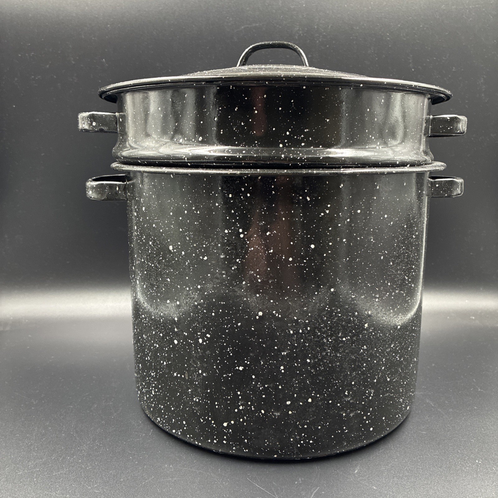 3 Pc Enamel Ware Black Speckled Steamer Pot w/Strainer, Lid Clambake, Pasta