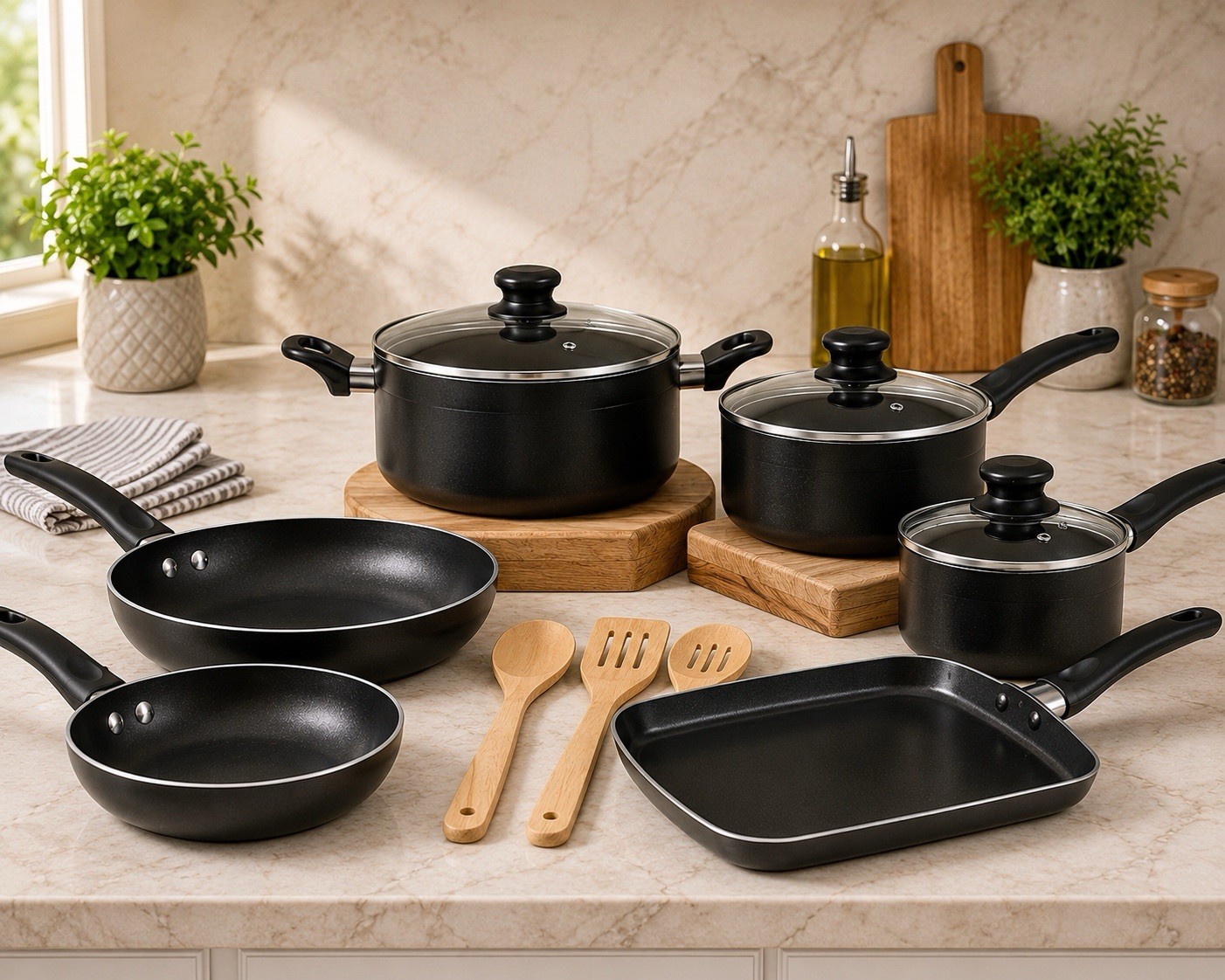 10-Piece Black Non-Stick Pan Set w/ Lids, Oven Safe, Gas/Electric/Induction