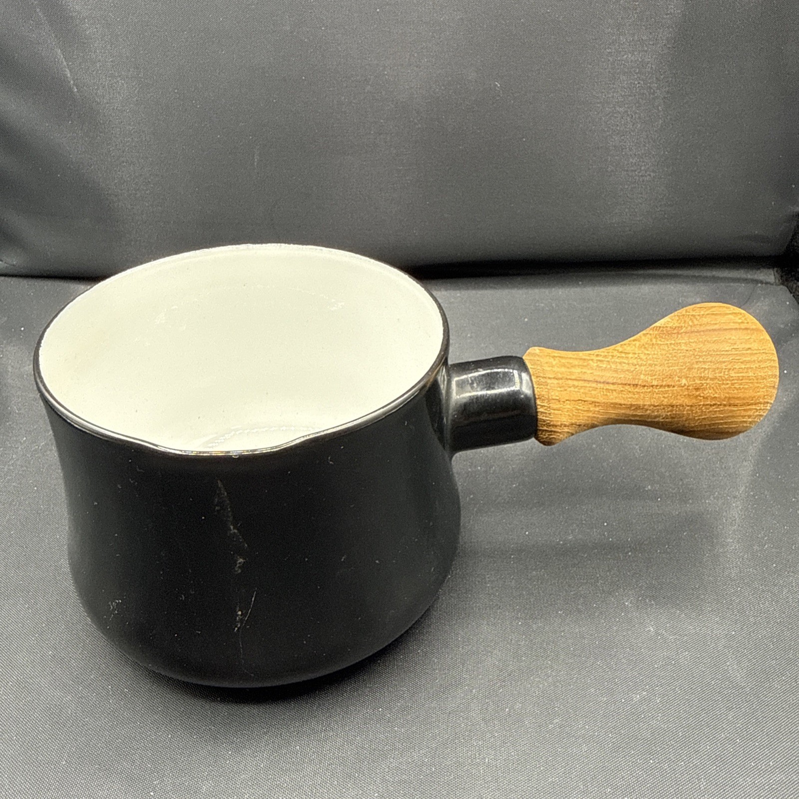 Dansk Kobenstyle JHQ Enamel Milk Pan Butter Warmer Black Round w/ Wooden Handle