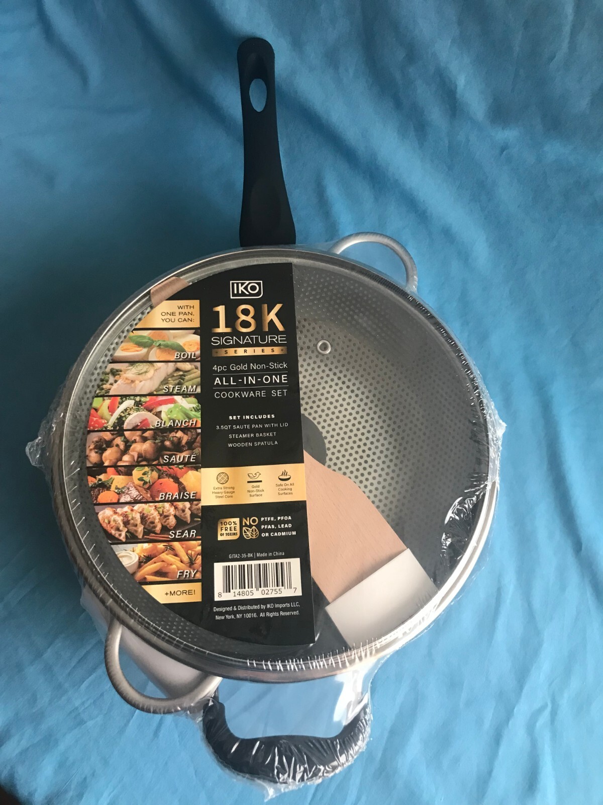 IKO 4-Piece Non-Stick 3.5 Qt. Black Sauté Pan with Lid, Steamer Basket & Spatula