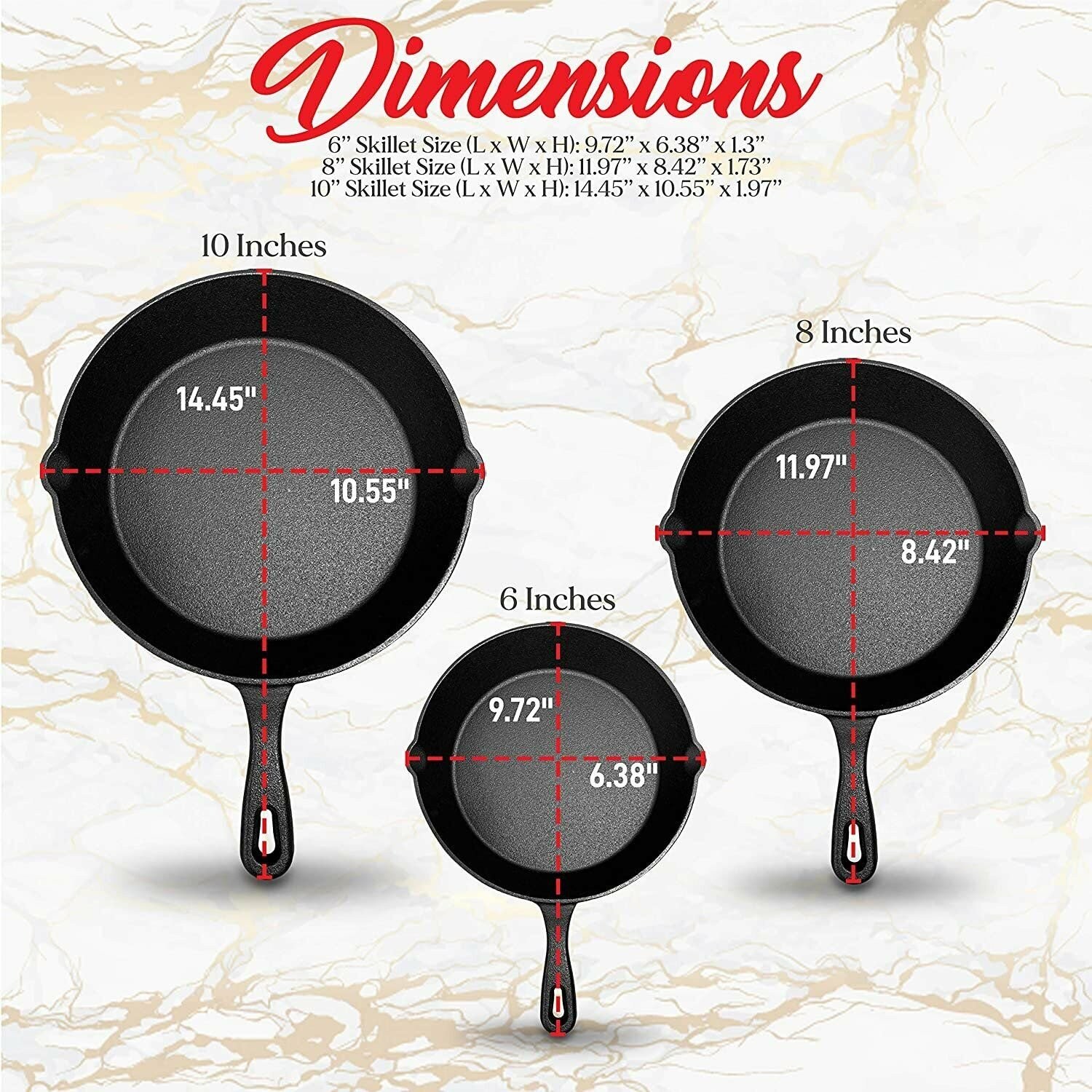 NutriChef 3-Piece Pre-Seasoned Cast Iron Skillet Set 6/8/10in Nonstick