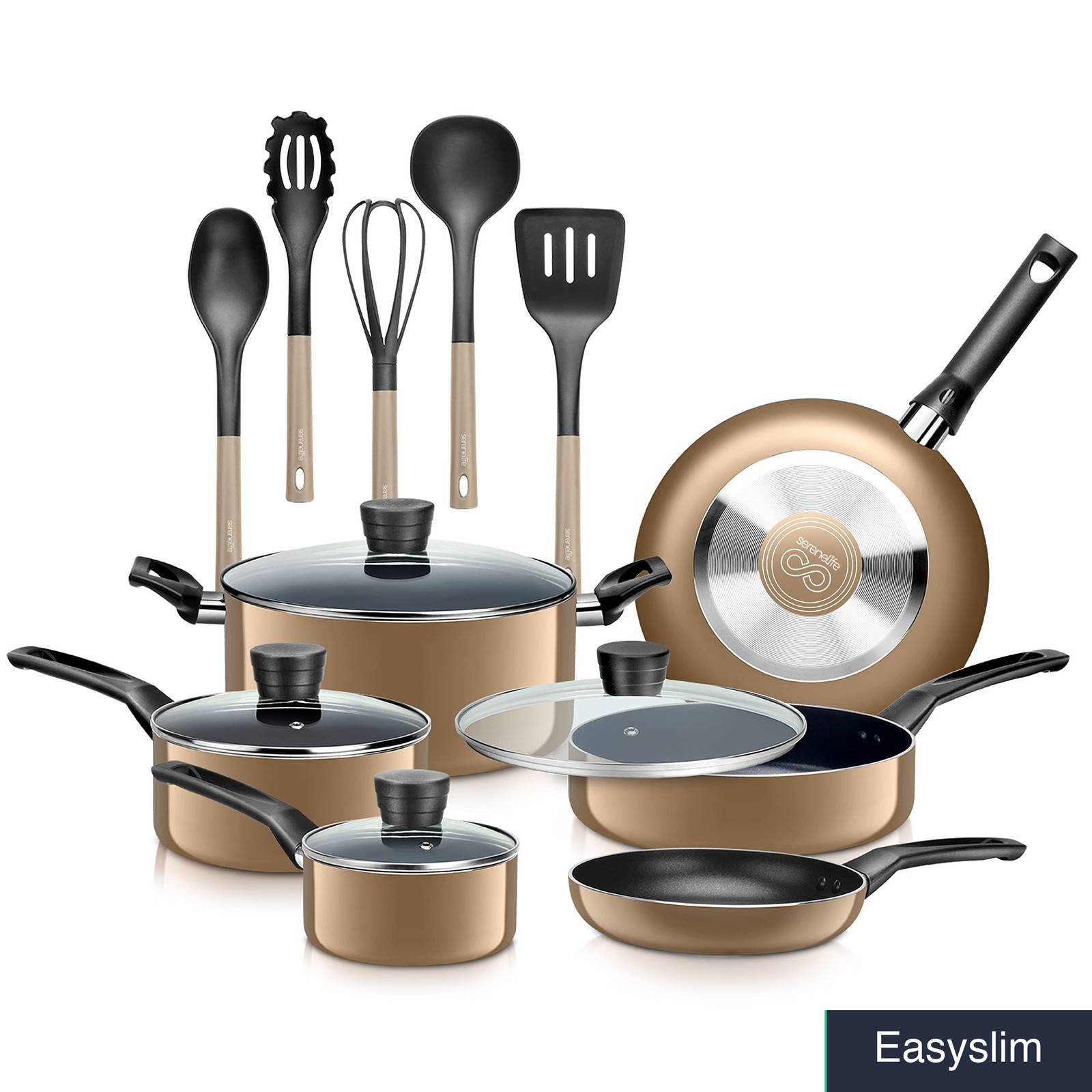 Cookware Set 15-Piece Non-Stick Aluminum Pots & Pans, Black Interior