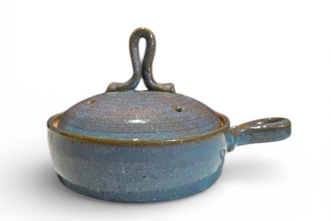 Pottery/ Ceramic Steamer W/ Lid. Blue/Gray 8”-Handle 5.75×1.5 Artisan Farmhouse