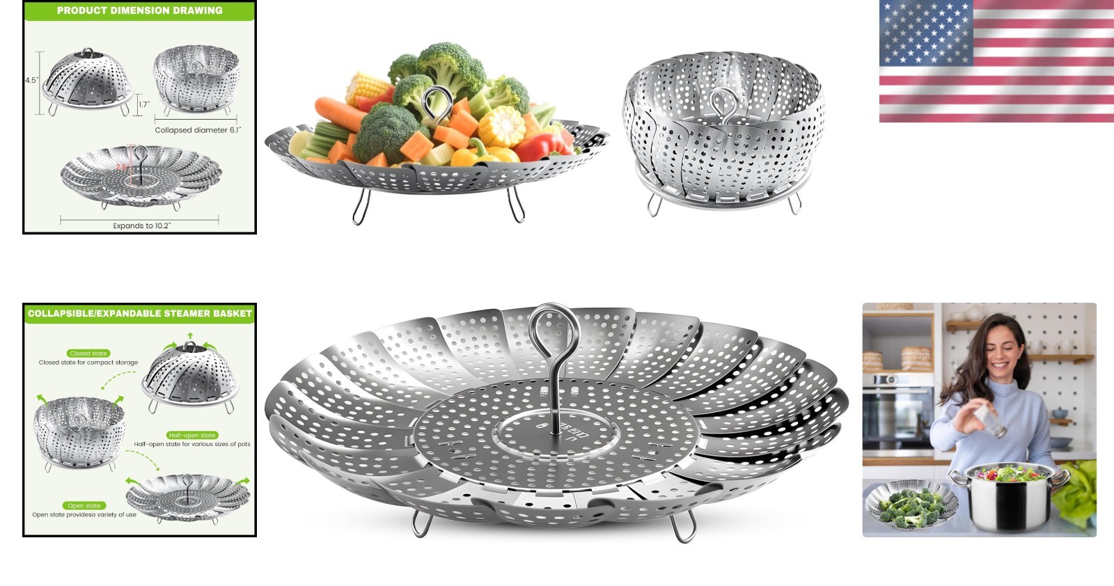 Space-Saving Steamer Basket: Durable & Stylish for Cooking Lovers, 6.1″ to 10.2″
