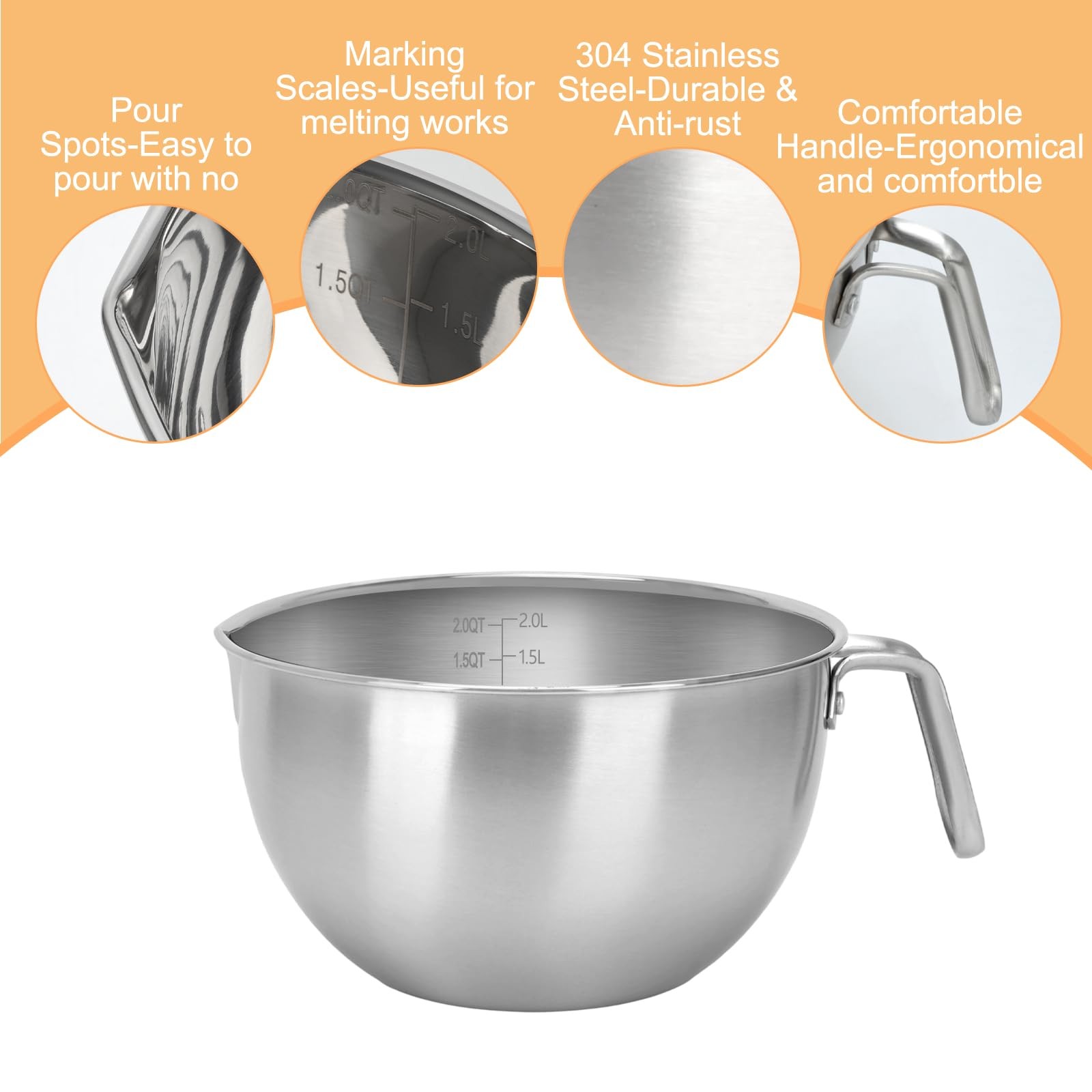 3PCS Double Boiler Pot Set, 2000ML/1.8QT Mixing Bowl with Scale 2800ML/ 2.54Q…